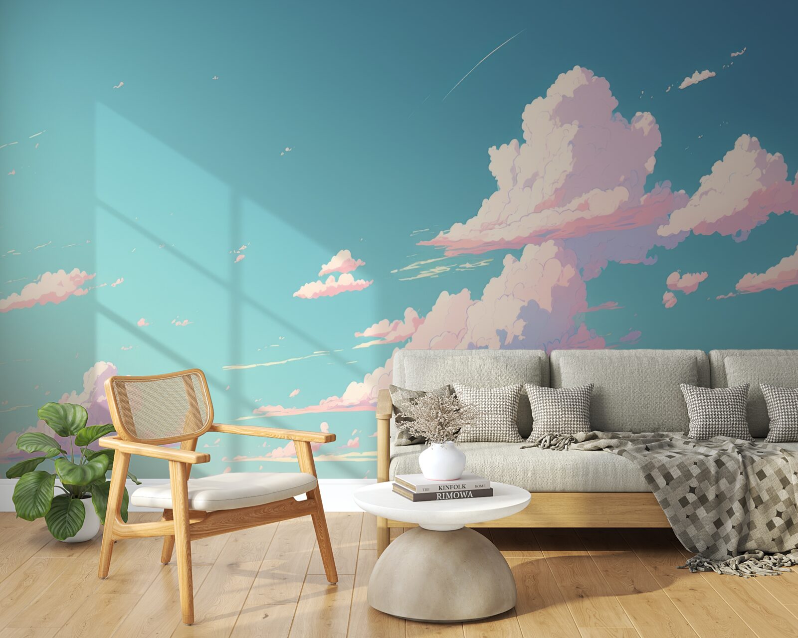 Fototapet cerul albastru este decorat cu nori roz