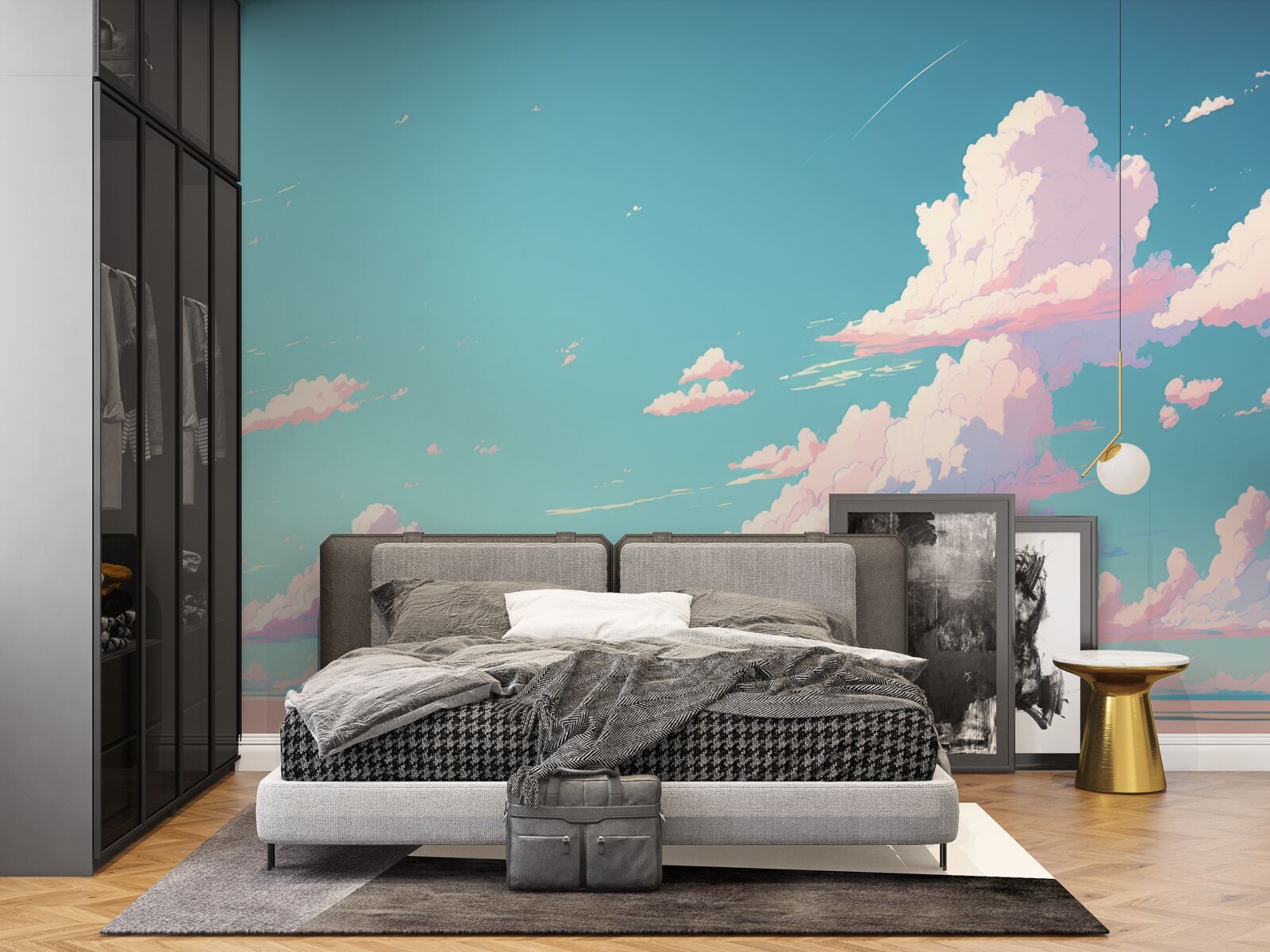 Fototapet cerul albastru este decorat cu nori roz