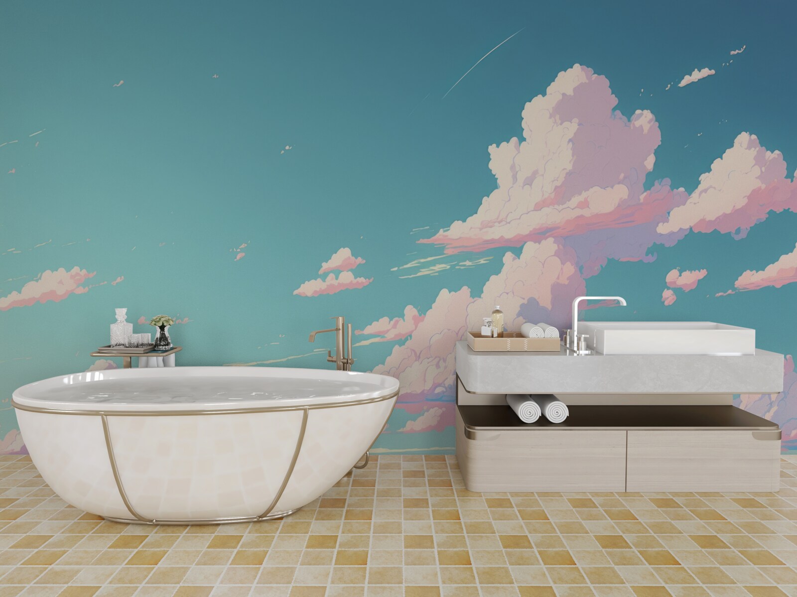 Fototapet cerul albastru este decorat cu nori roz