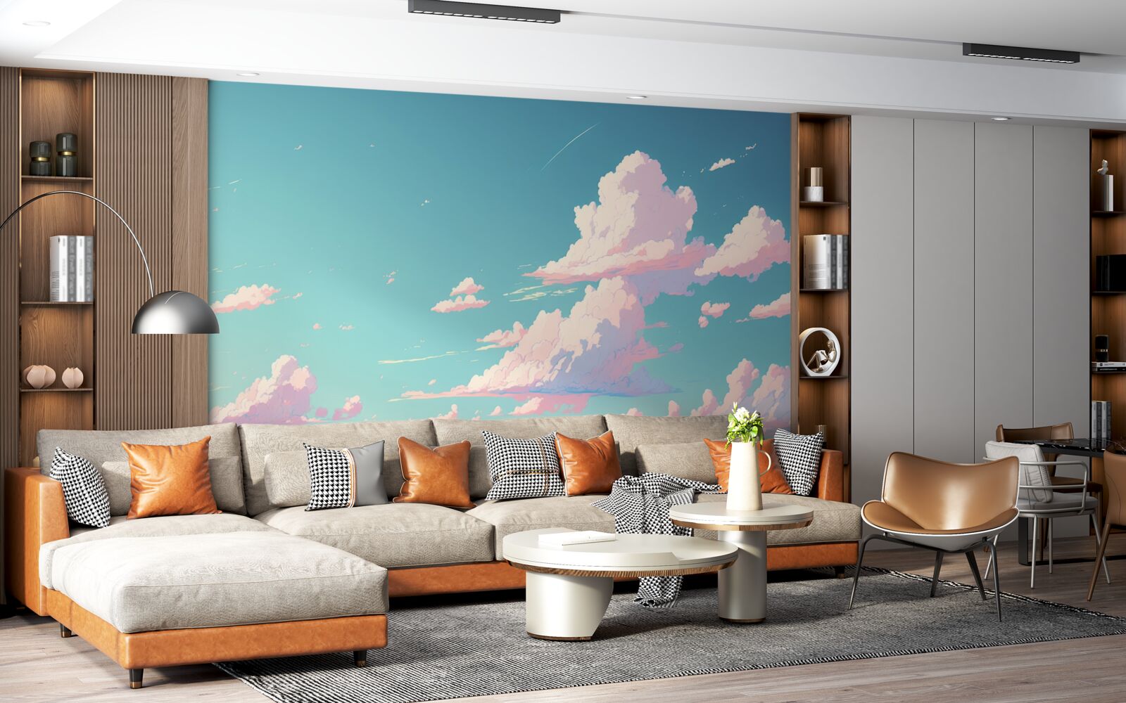 Fototapet cerul albastru este decorat cu nori roz