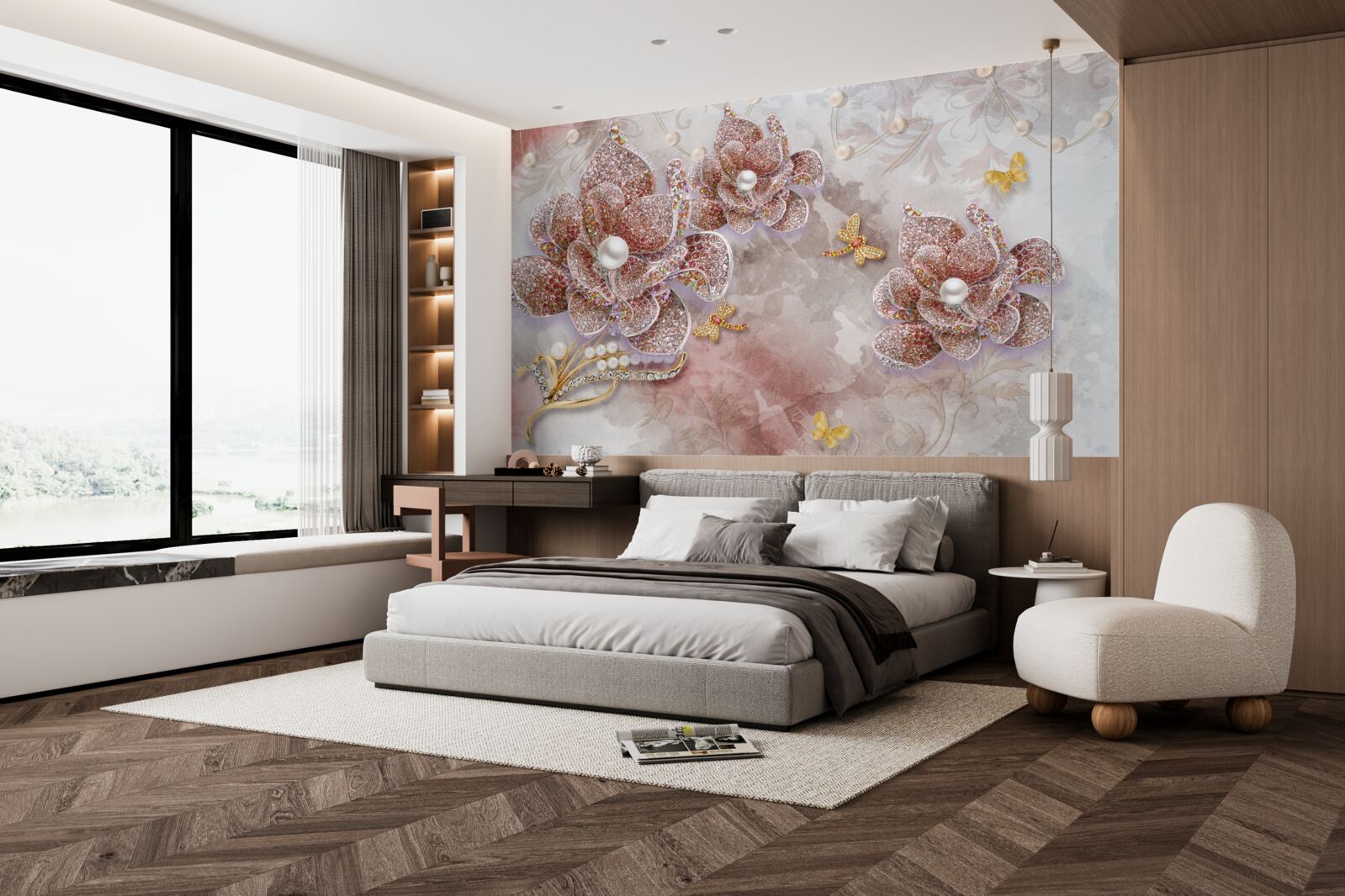 Fototapet boboci de flori din pietre roșii și nucă de perlă