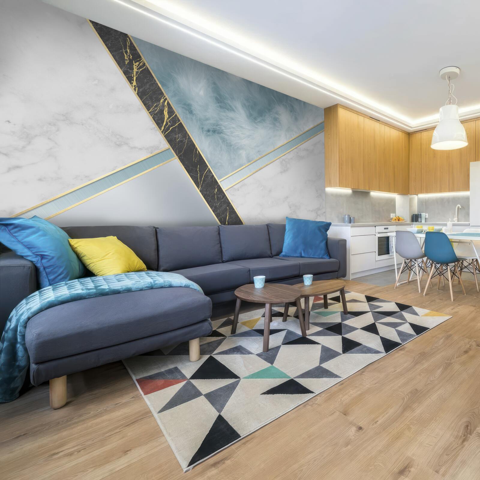 Fototapet marmură în nuanțe de gri și albastru cu un element negru