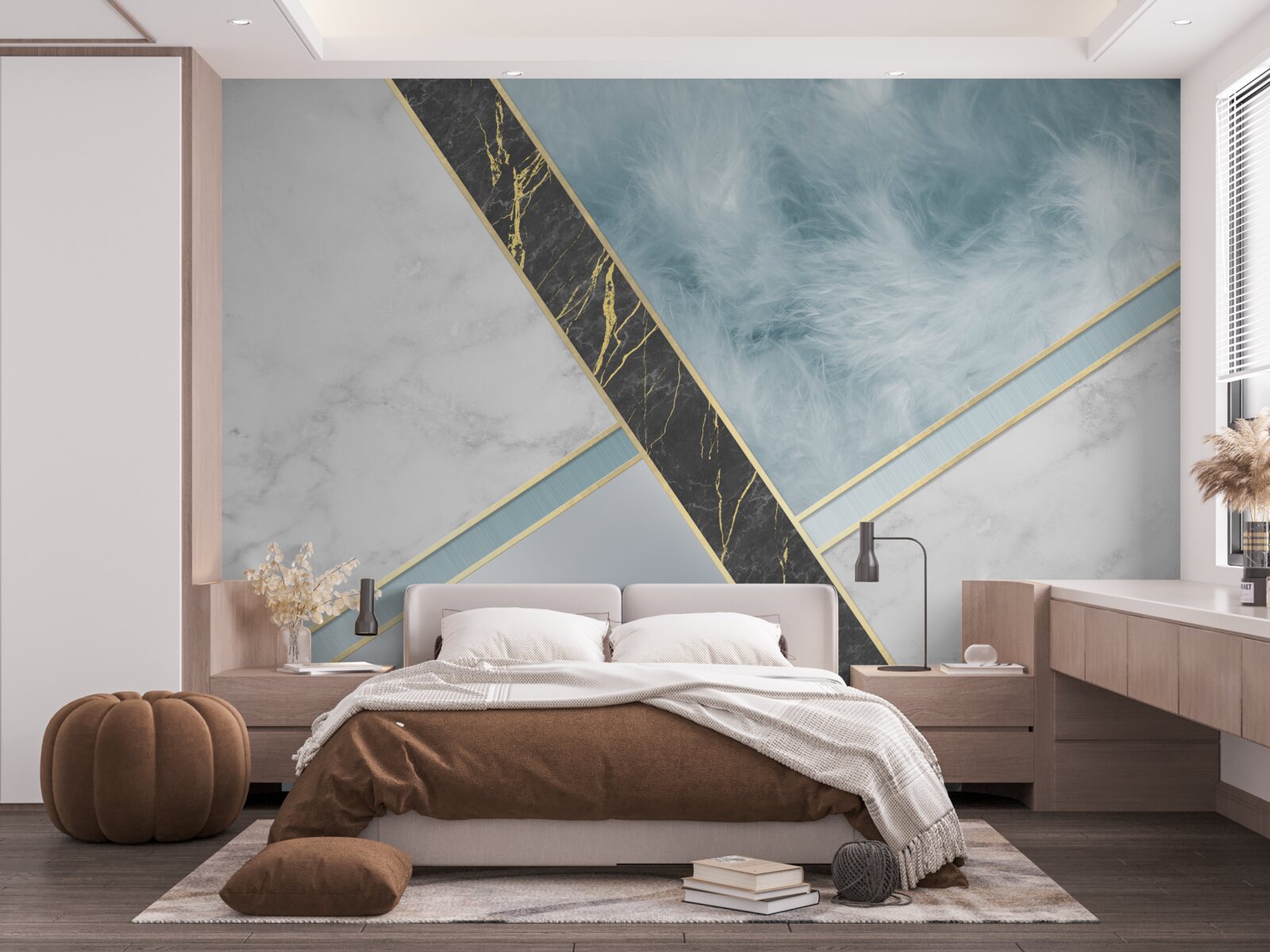 Fototapet marmură în nuanțe de gri și albastru cu un element negru