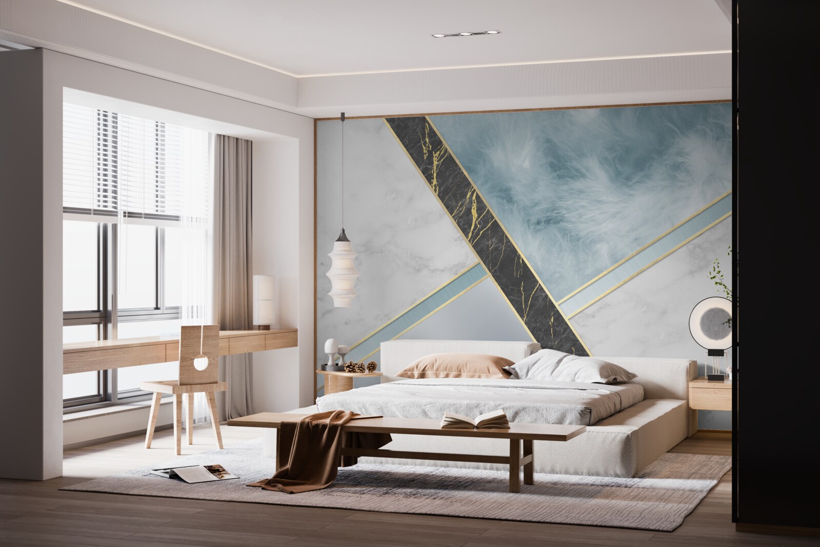 Fototapet marmură în nuanțe de gri și albastru cu un element negru