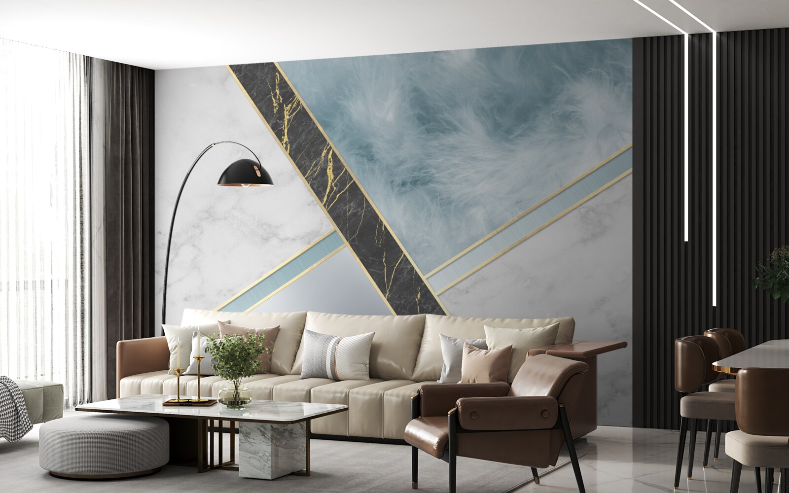 Fototapet marmură în nuanțe de gri și albastru cu un element negru