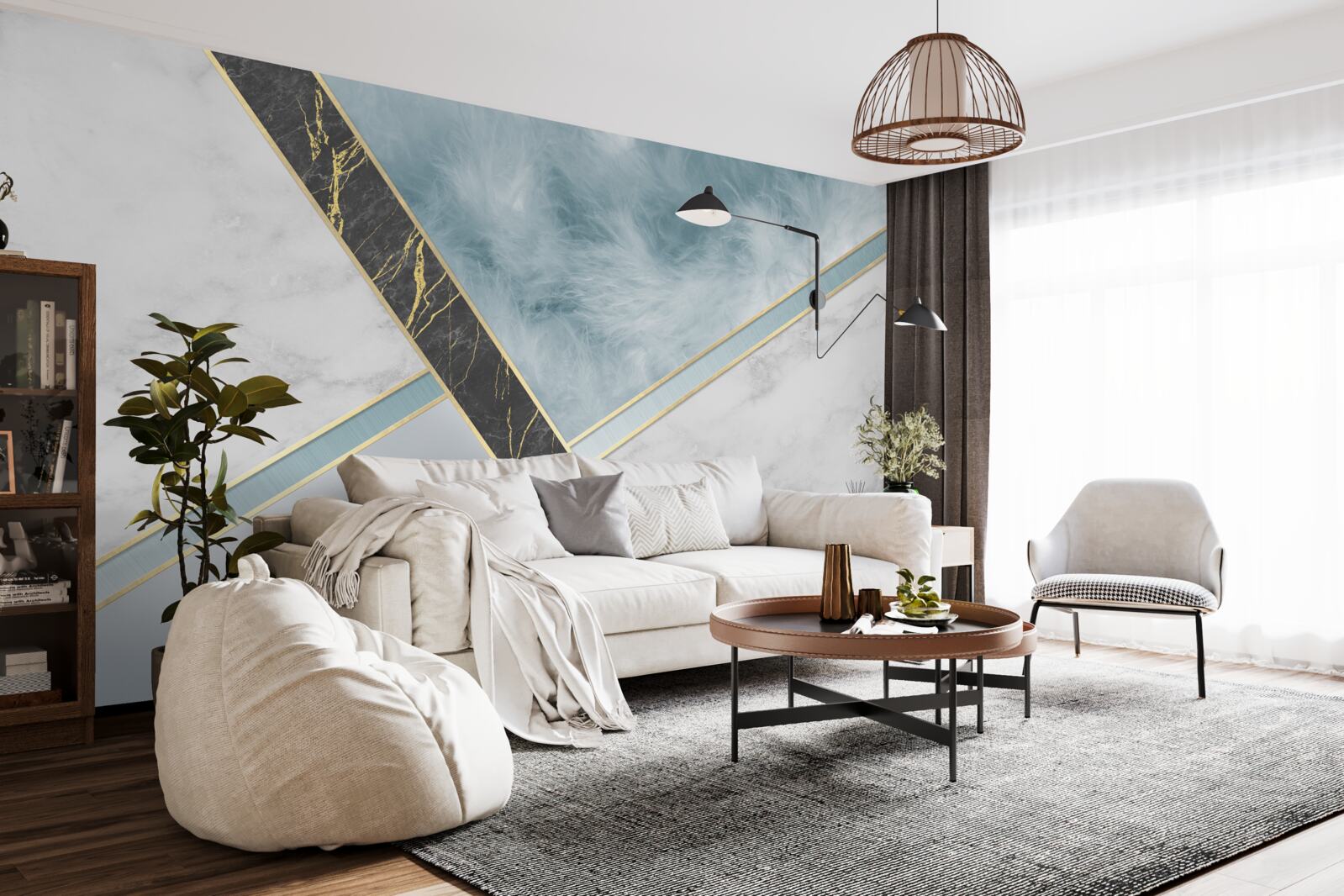 Fototapet marmură în nuanțe de gri și albastru cu un element negru