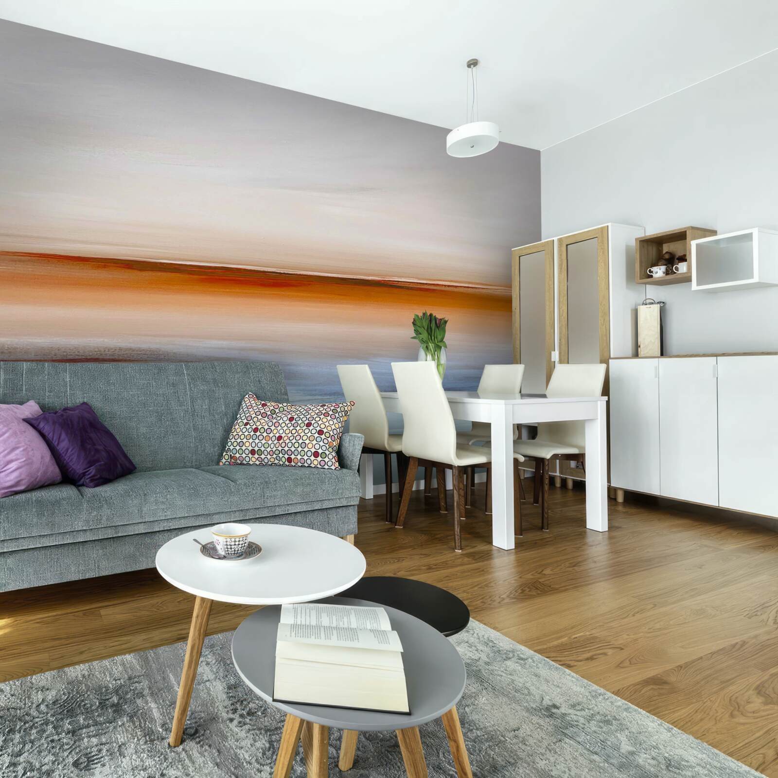 Fototapet calm pe râu sub apusul de seară