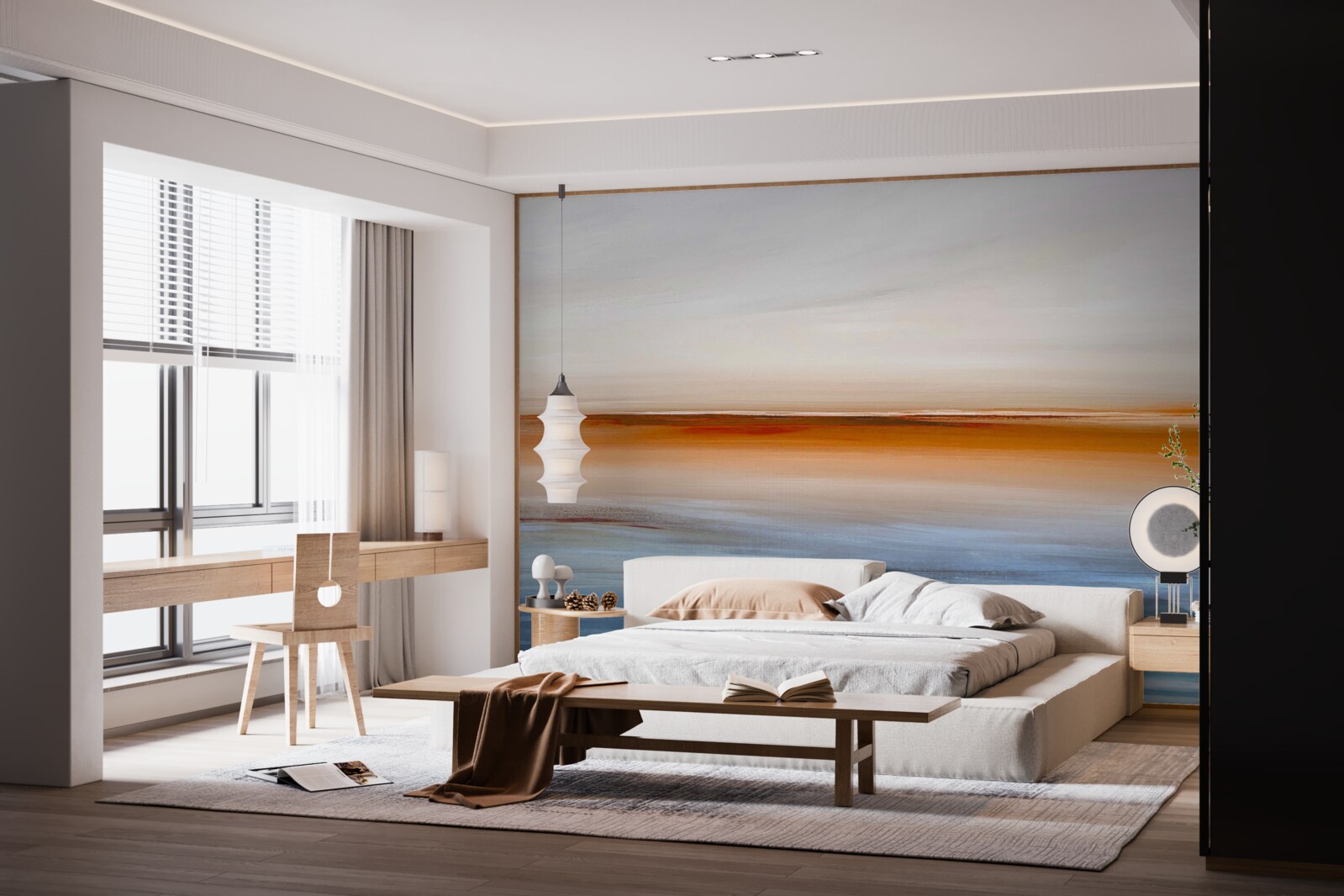 Fototapet calm pe râu sub apusul de seară