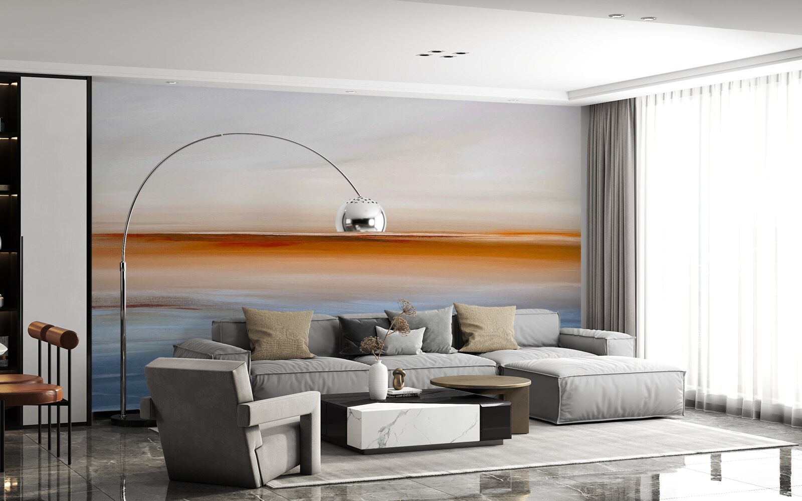 Fototapet calm pe râu sub apusul de seară