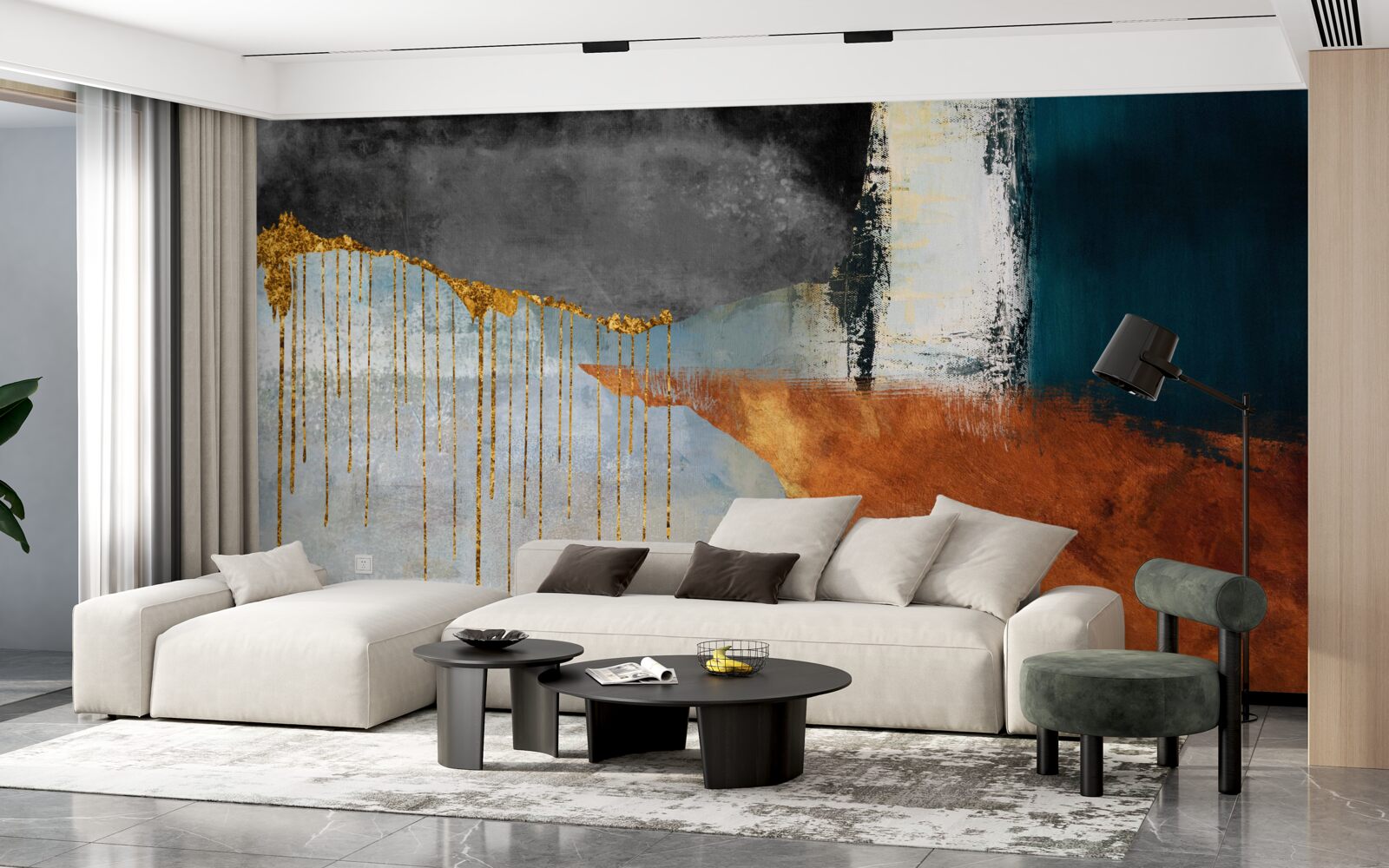 Fototapet fluxuri aurii care se îmbină cu o paletă de nuanțe diferite