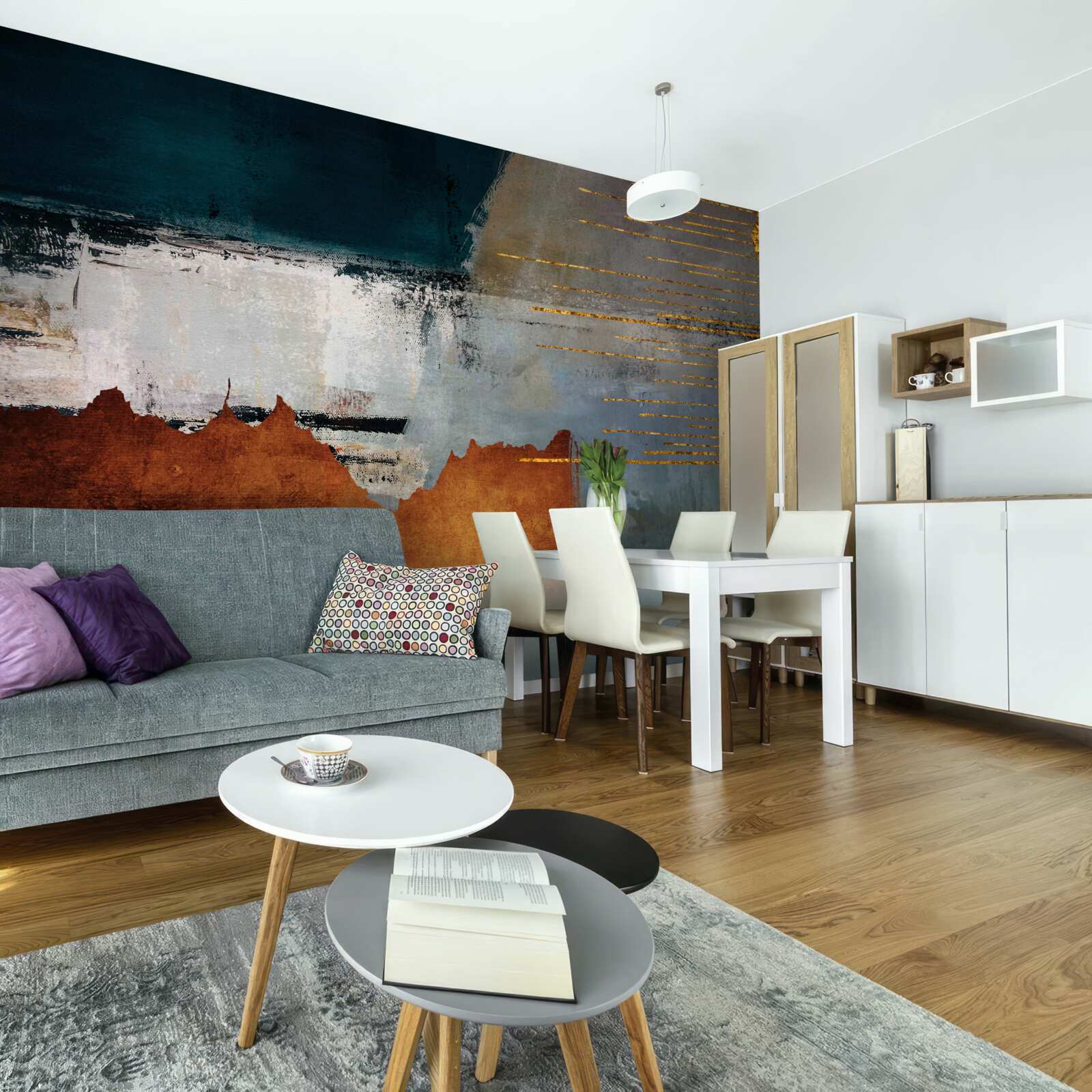 Fototapet fundalul colorat este decorat cu linii aurii