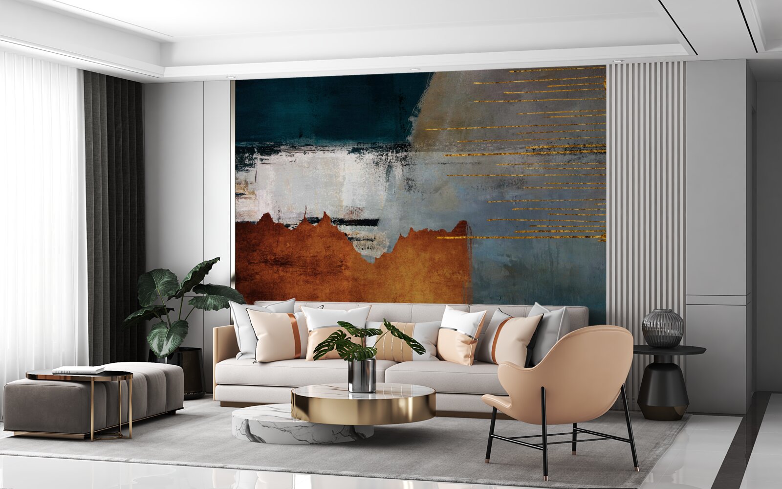 Fototapet fundalul colorat este decorat cu linii aurii