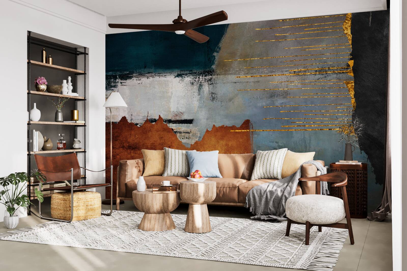 Fototapet fundalul colorat este decorat cu linii aurii