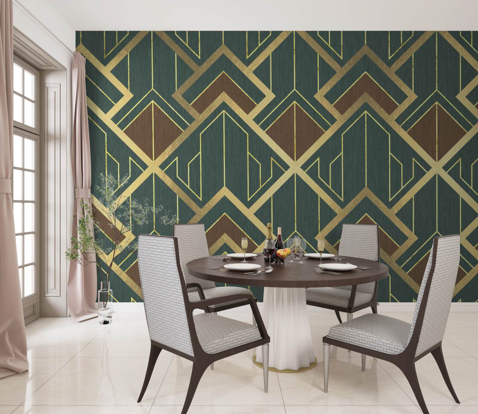 Fototapet un desen care cuprinde diverse forme și linii aurii