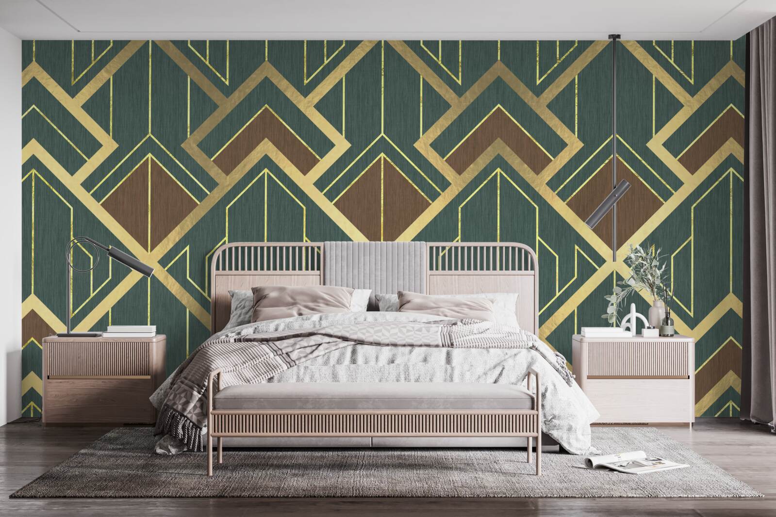 Fototapet un desen care cuprinde diverse forme și linii aurii