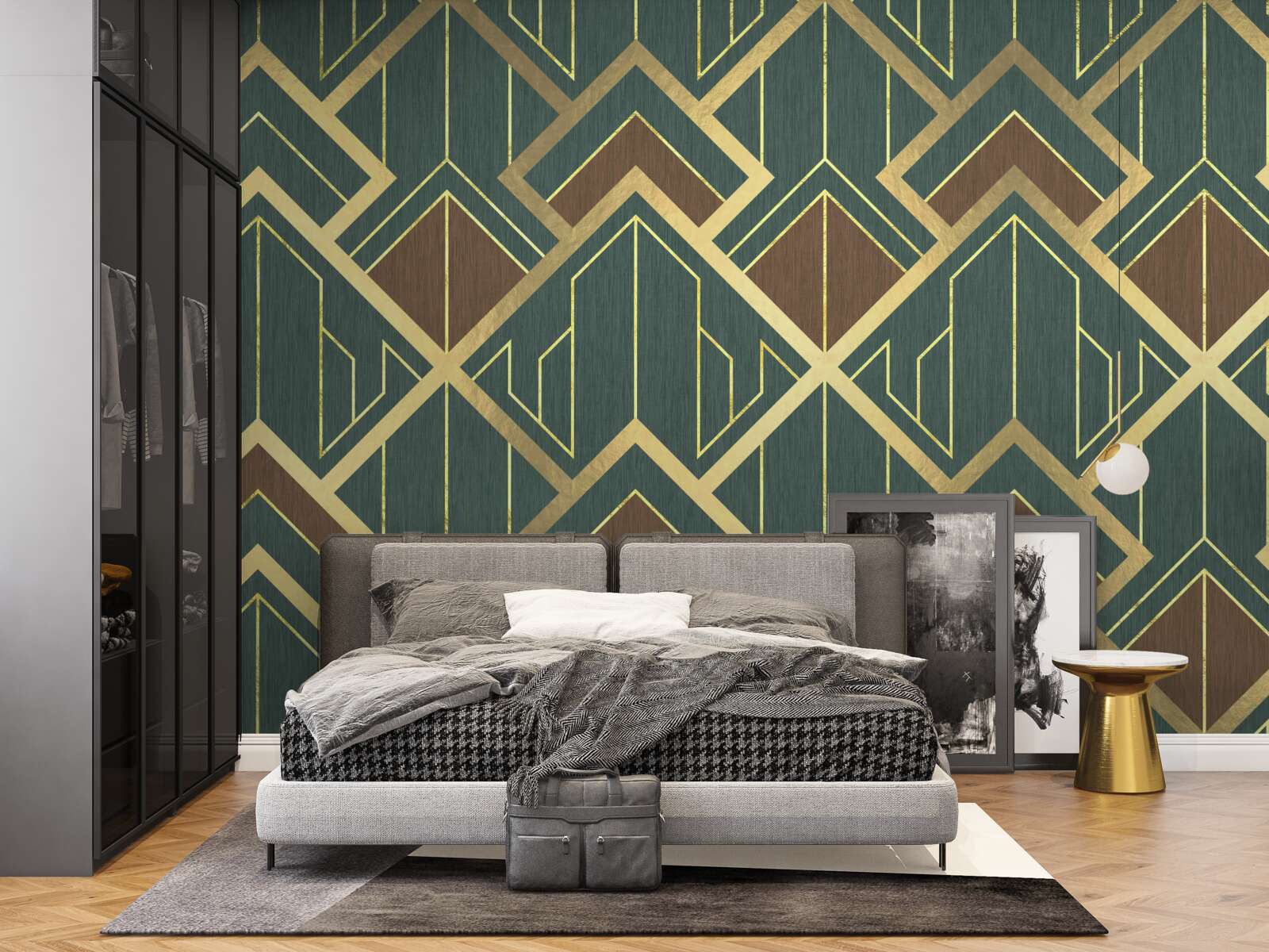 Fototapet un desen care cuprinde diverse forme și linii aurii