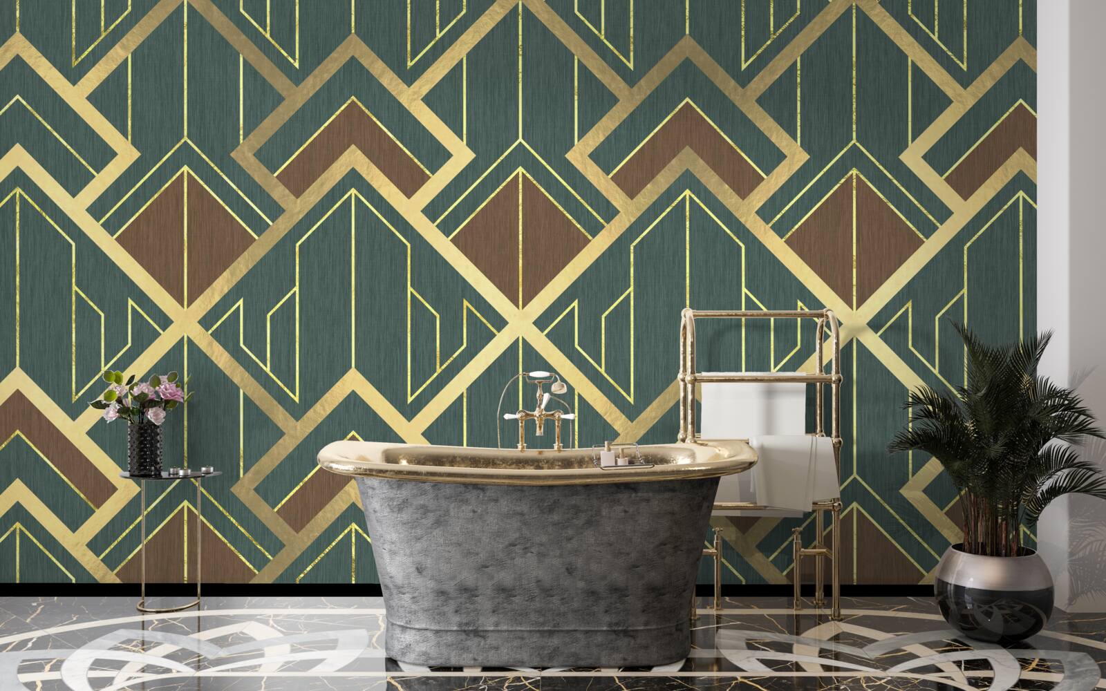 Fototapet un desen care cuprinde diverse forme și linii aurii