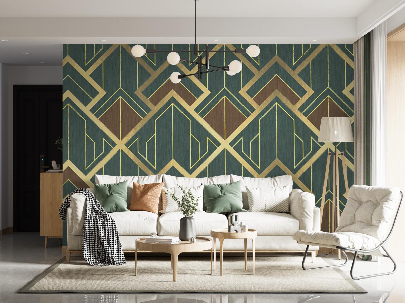 Fototapet un desen care cuprinde diverse forme și linii aurii