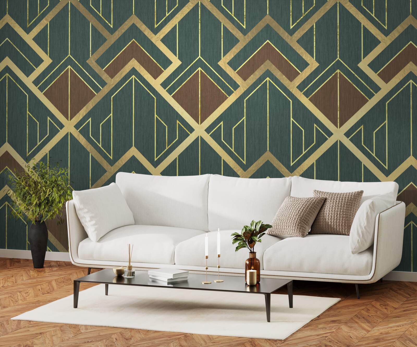 Fototapet un desen care cuprinde diverse forme și linii aurii