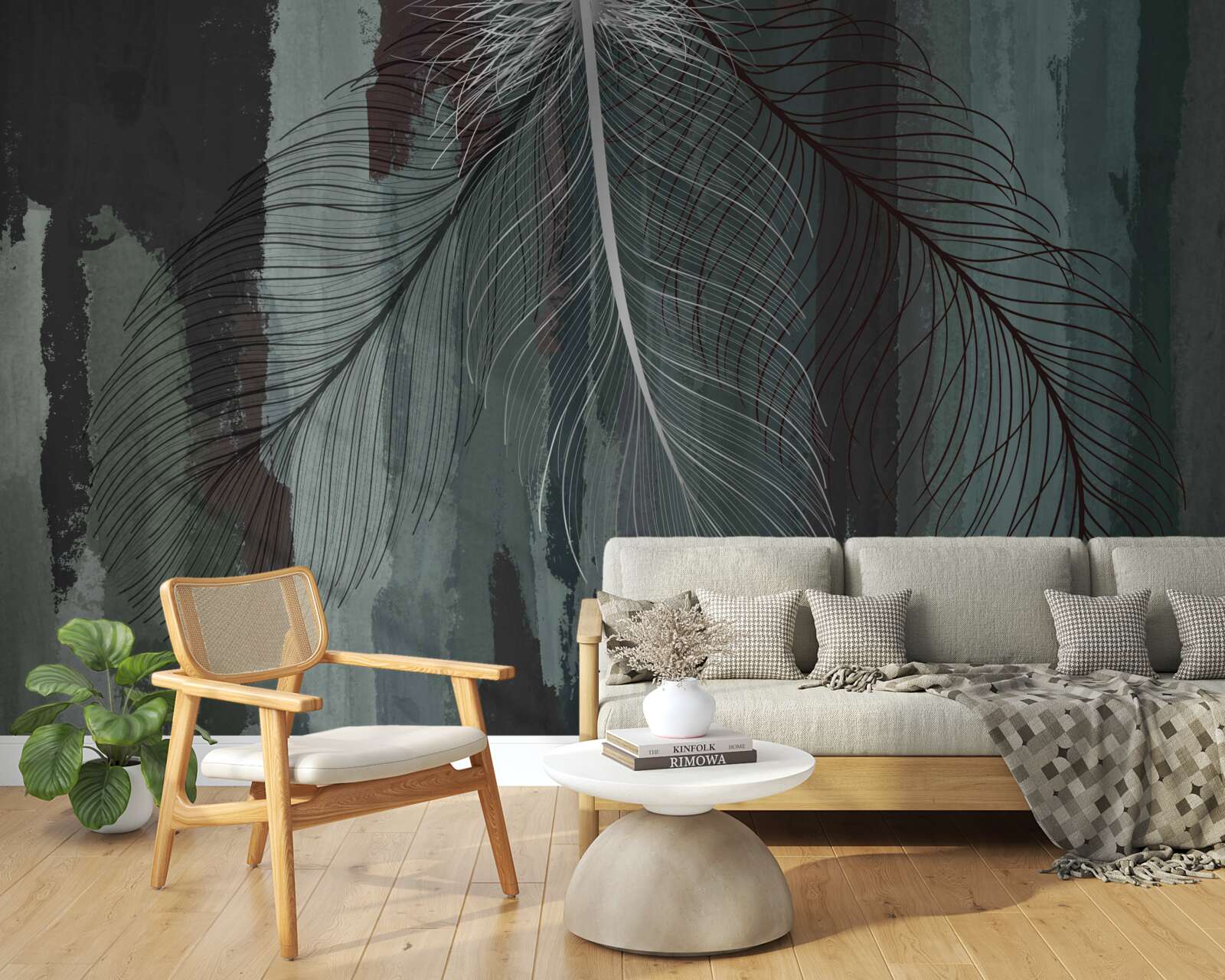 Fototapet fundal întunecat decorat cu pene tropicale