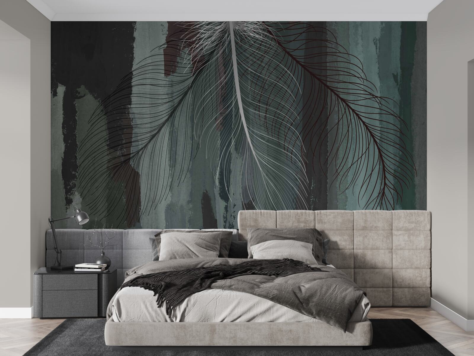 Fototapet fundal întunecat decorat cu pene tropicale