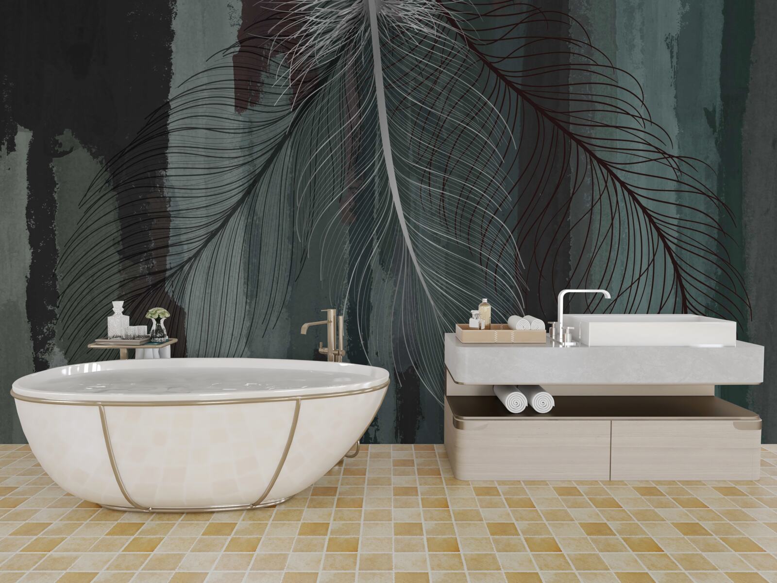 Fototapet fundal întunecat decorat cu pene tropicale