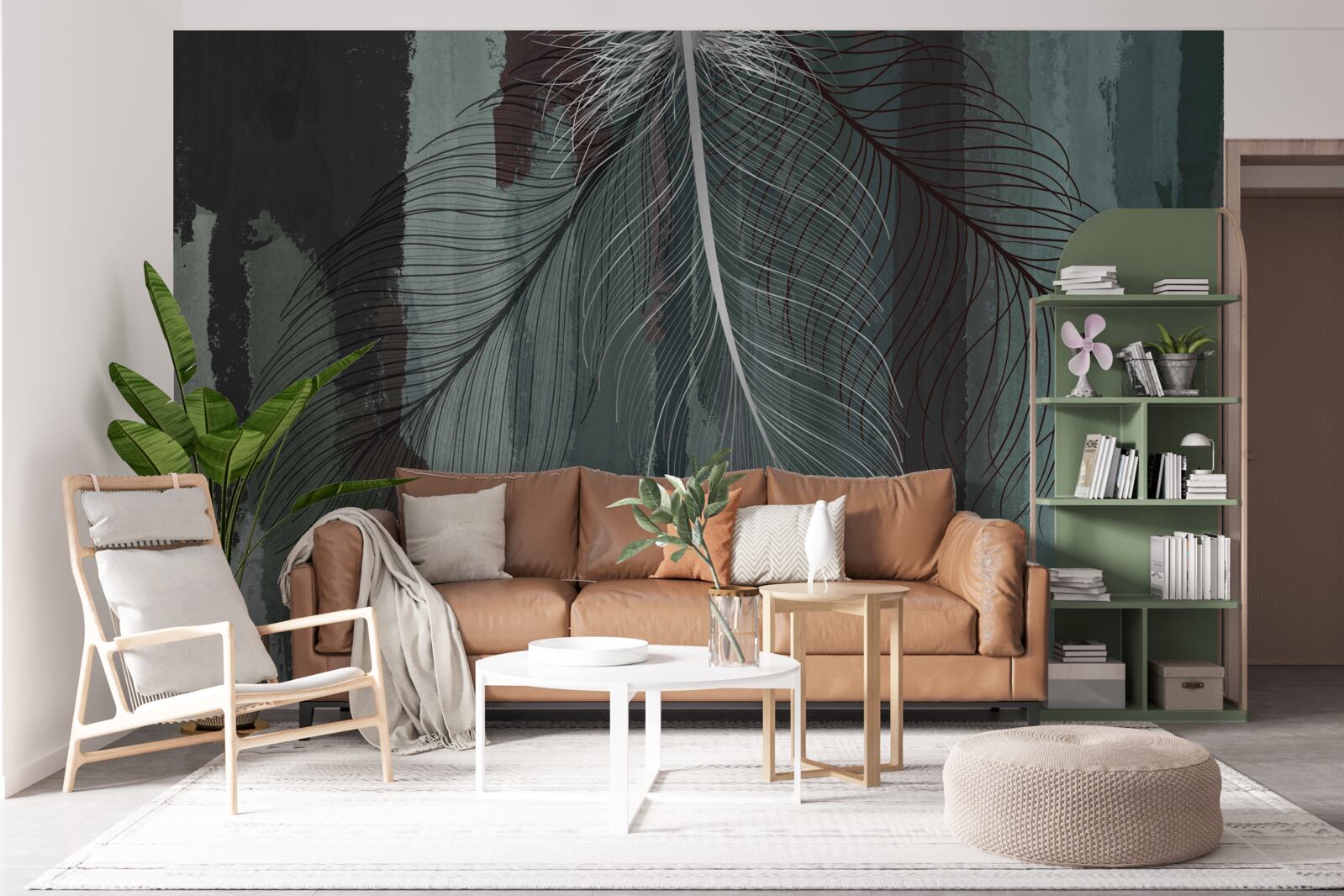 Fototapet fundal întunecat decorat cu pene tropicale