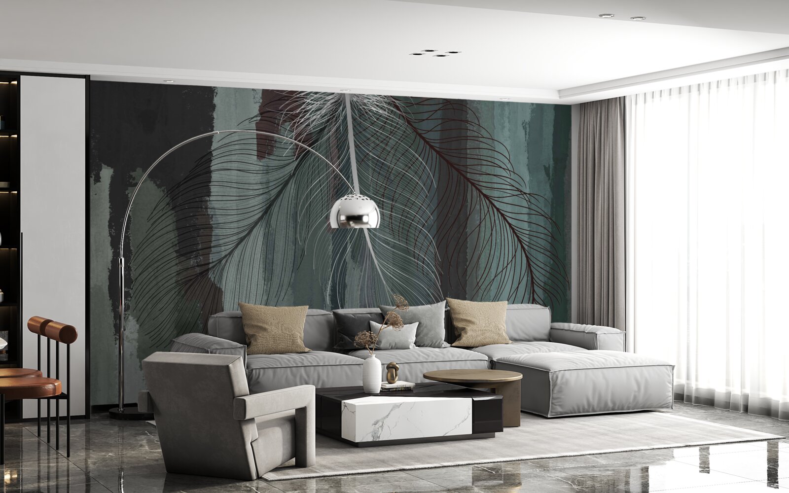 Fototapet fundal întunecat decorat cu pene tropicale