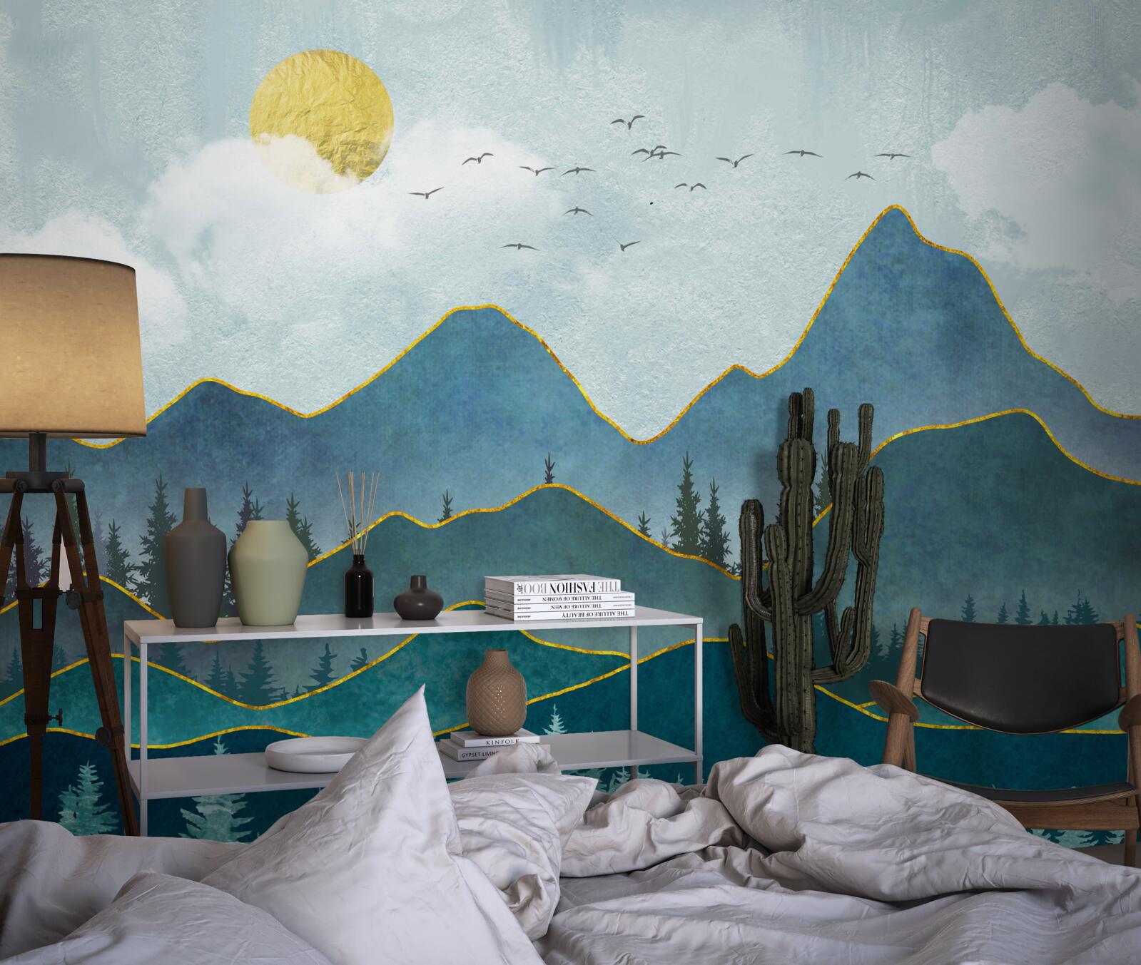 Fototapet imagine grafică a unei văi de râu și a unui copac de munte