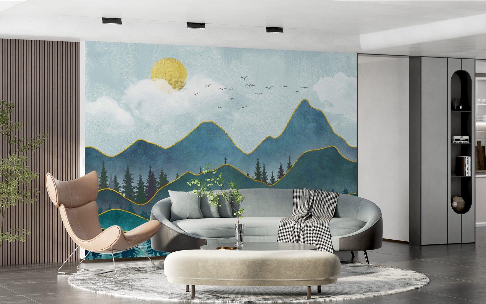 Fototapet imagine grafică a unei văi de râu și a unui copac de munte