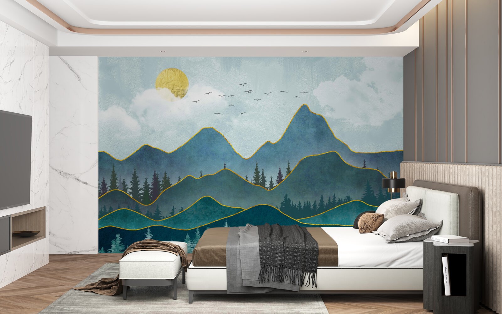 Fototapet imagine grafică a unei văi de râu și a unui copac de munte