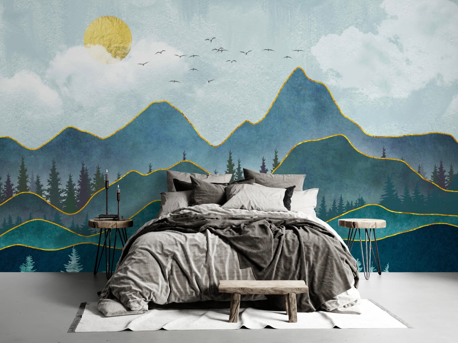 Fototapet imagine grafică a unei văi de râu și a unui copac de munte