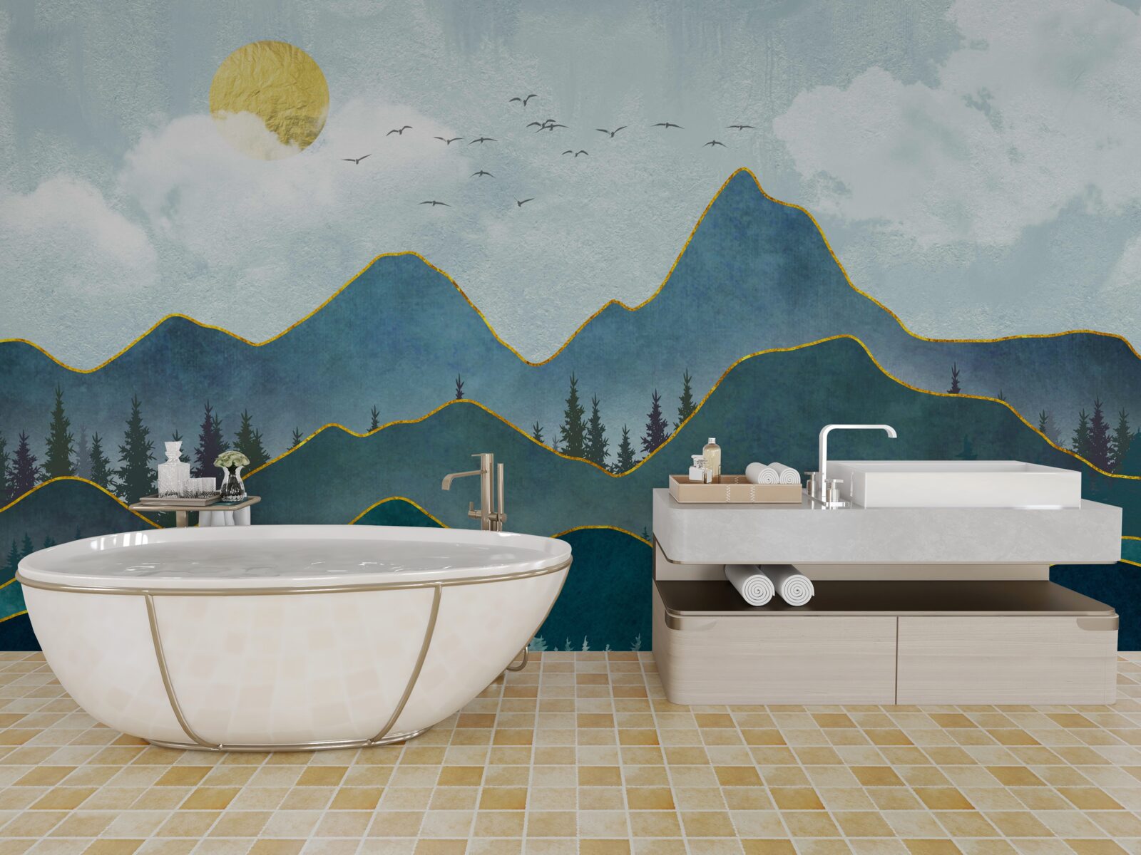 Fototapet imagine grafică a unei văi de râu și a unui copac de munte