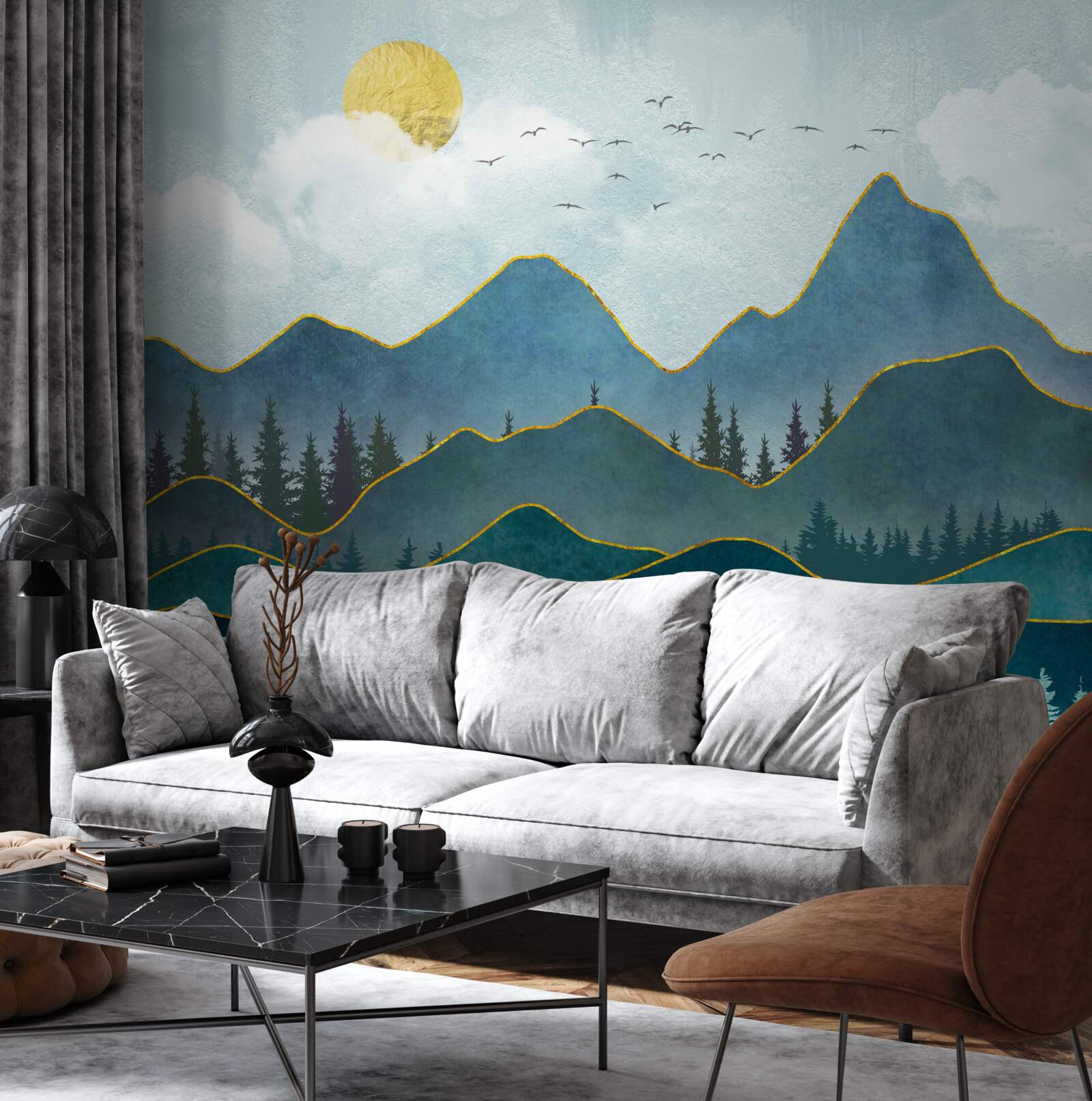 Fototapet imagine grafică a unei văi de râu și a unui copac de munte