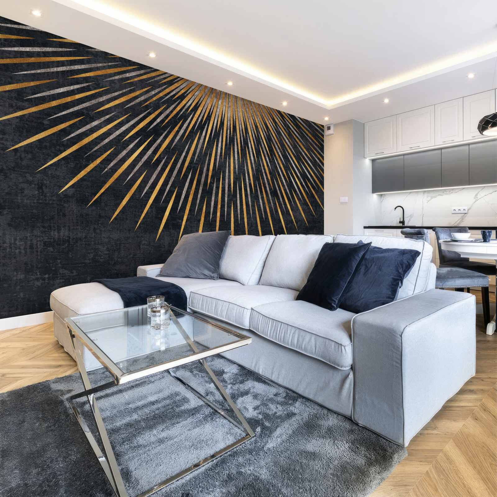 Fototapet raze de soare pe un fundal întunecat