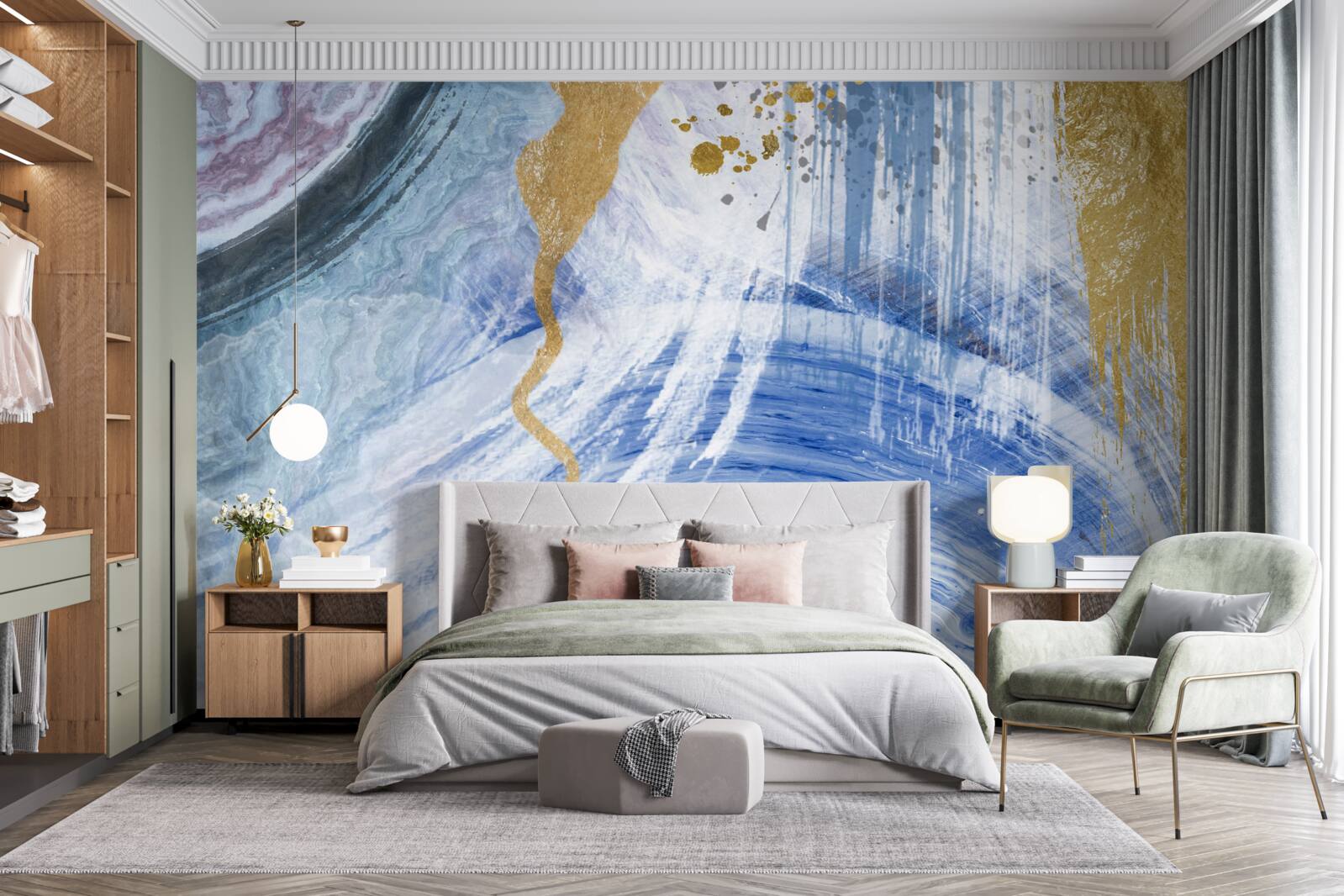 Fototapet fluxuri maro pe un fundal de pete albastre