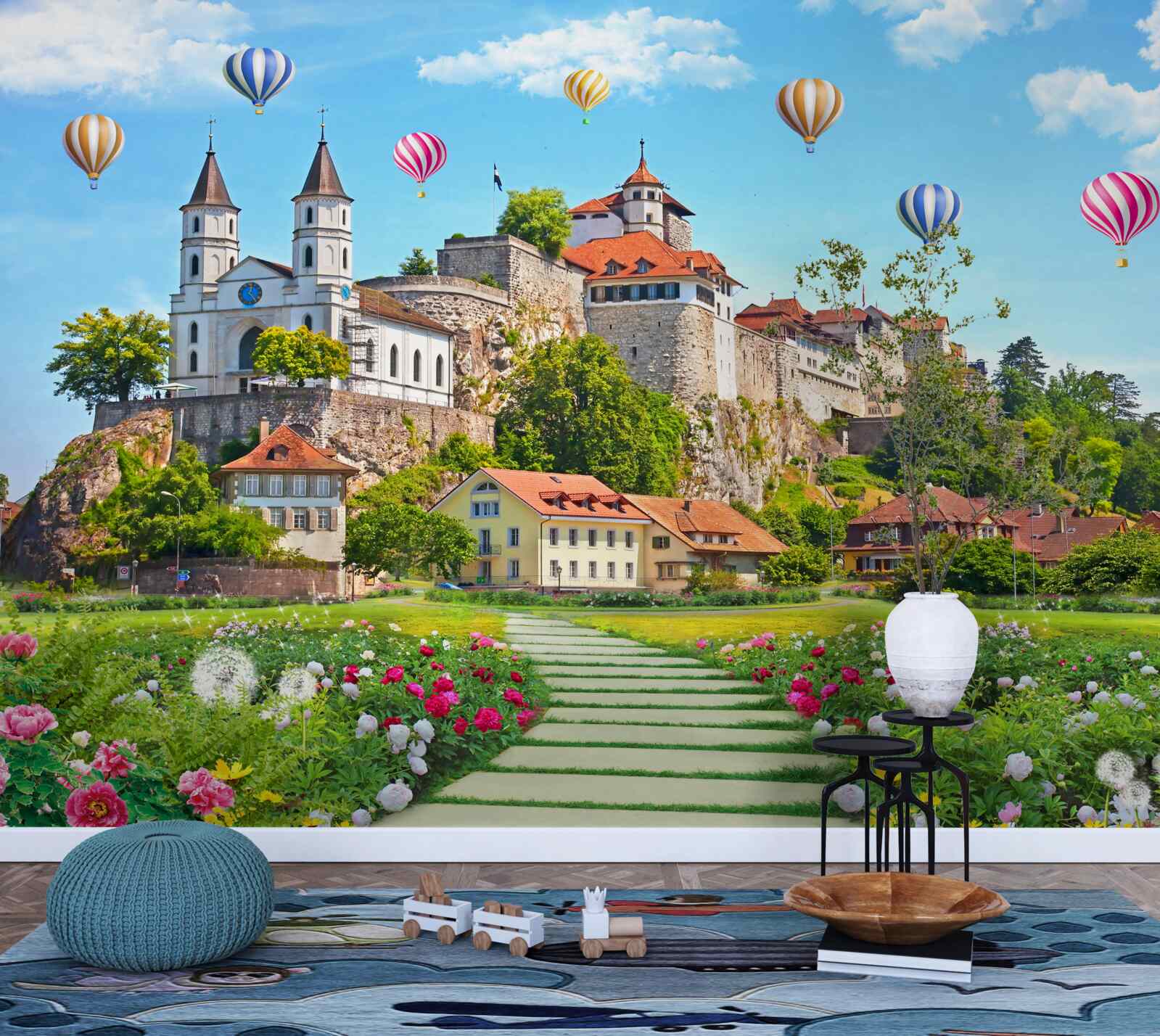 Fototapet baloane multicolore zboară deasupra acoperișurilor orașului