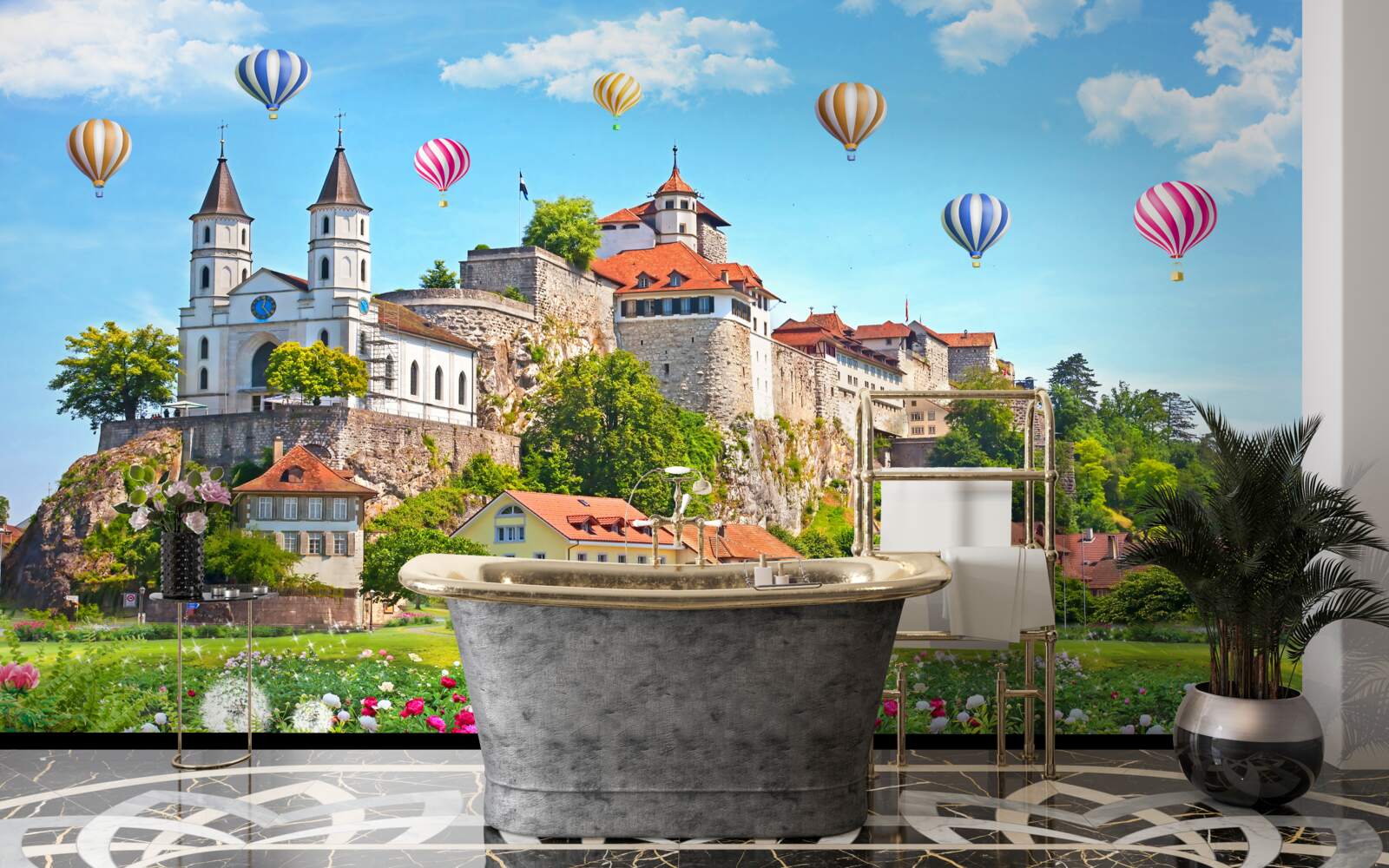 Fototapet baloane multicolore zboară deasupra acoperișurilor orașului