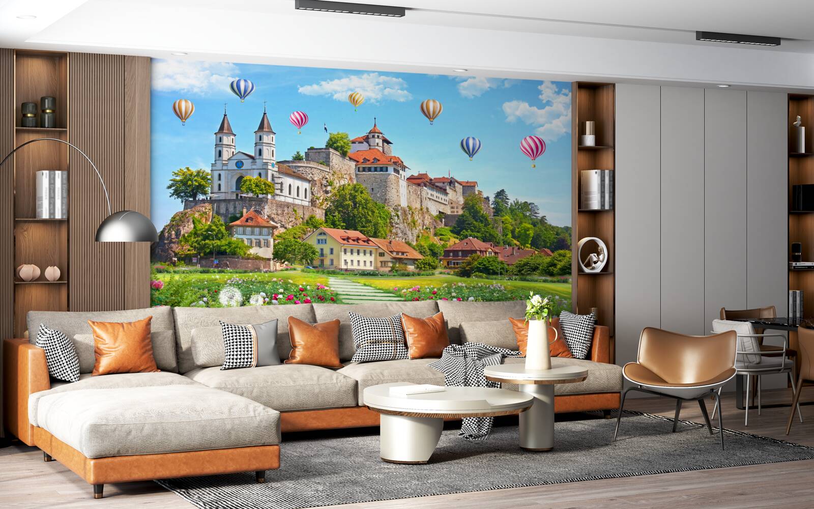 Fototapet baloane multicolore zboară deasupra acoperișurilor orașului