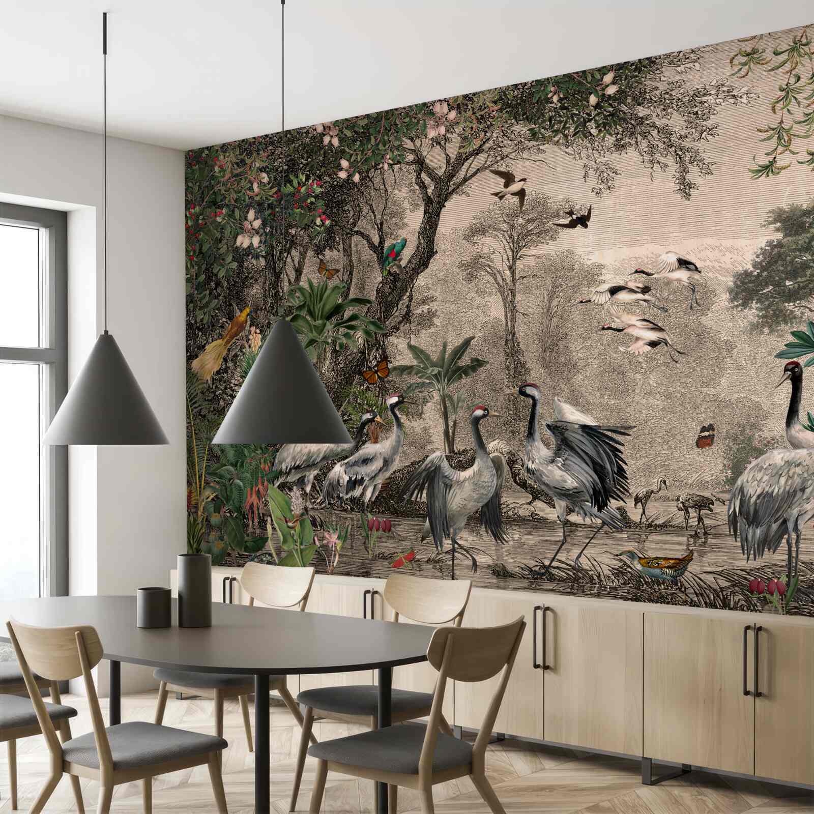 Fototapet grup de cocori lângă un iaz forestier