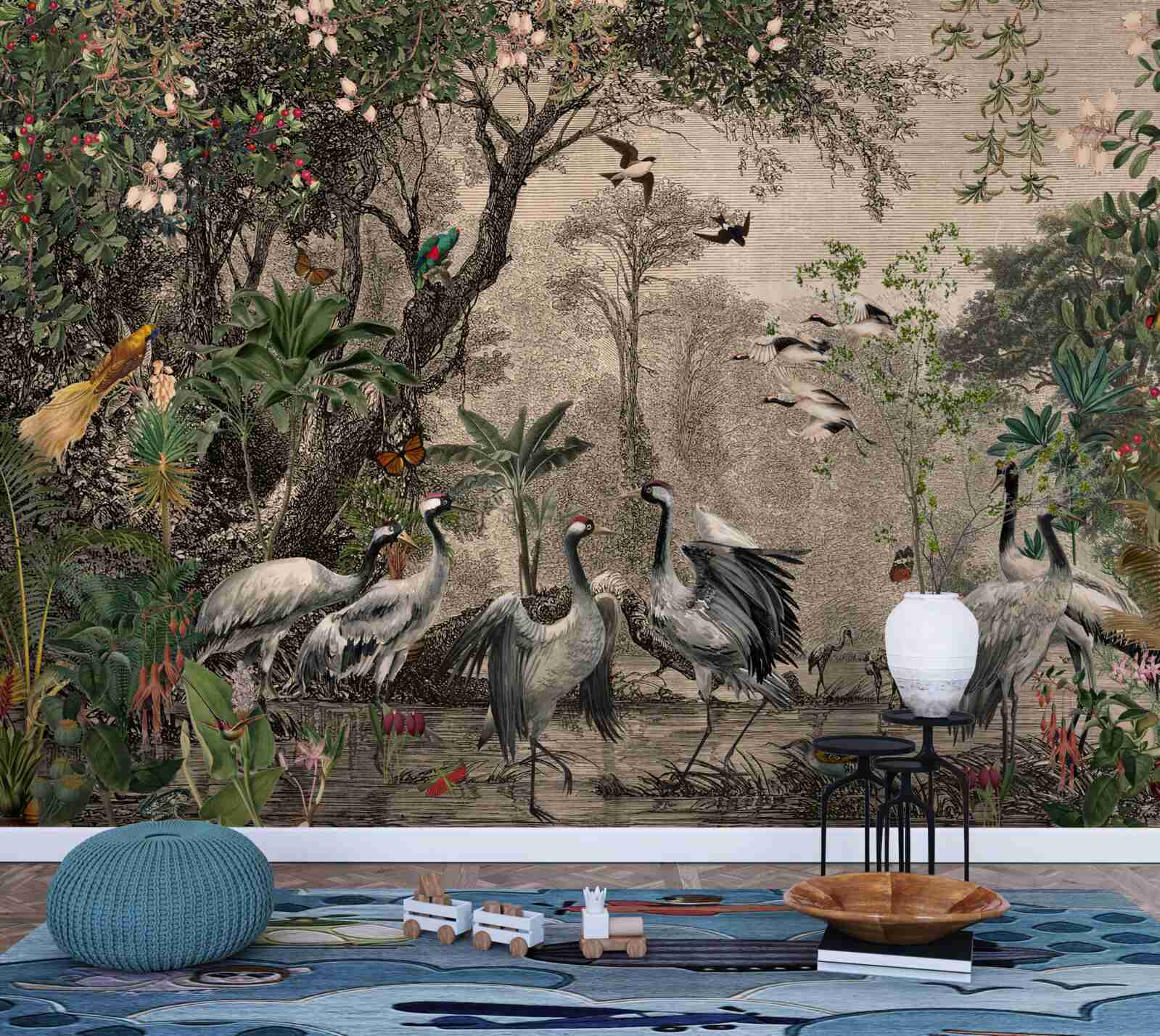 Fototapet grup de cocori lângă un iaz forestier