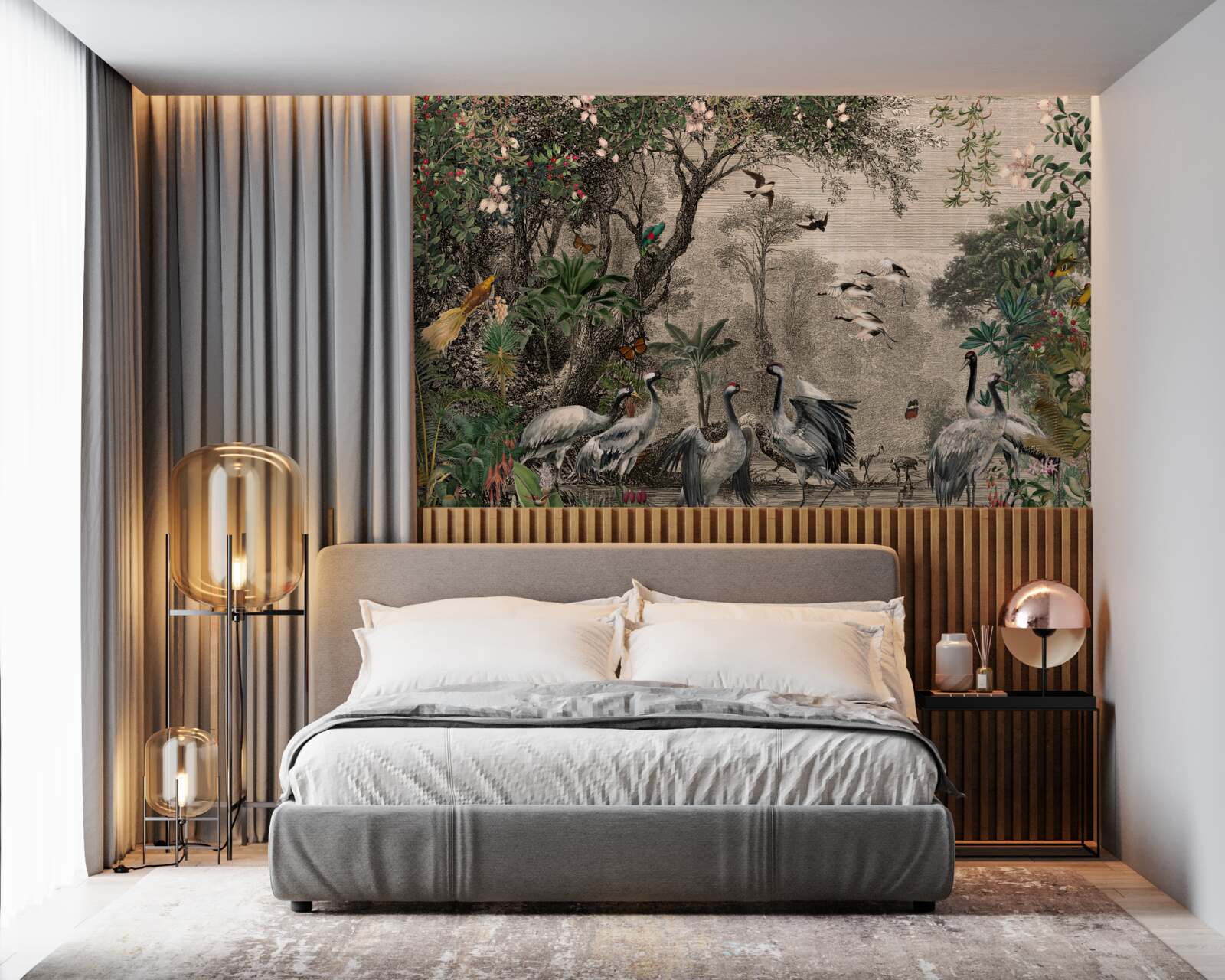 Fototapet grup de cocori lângă un iaz forestier