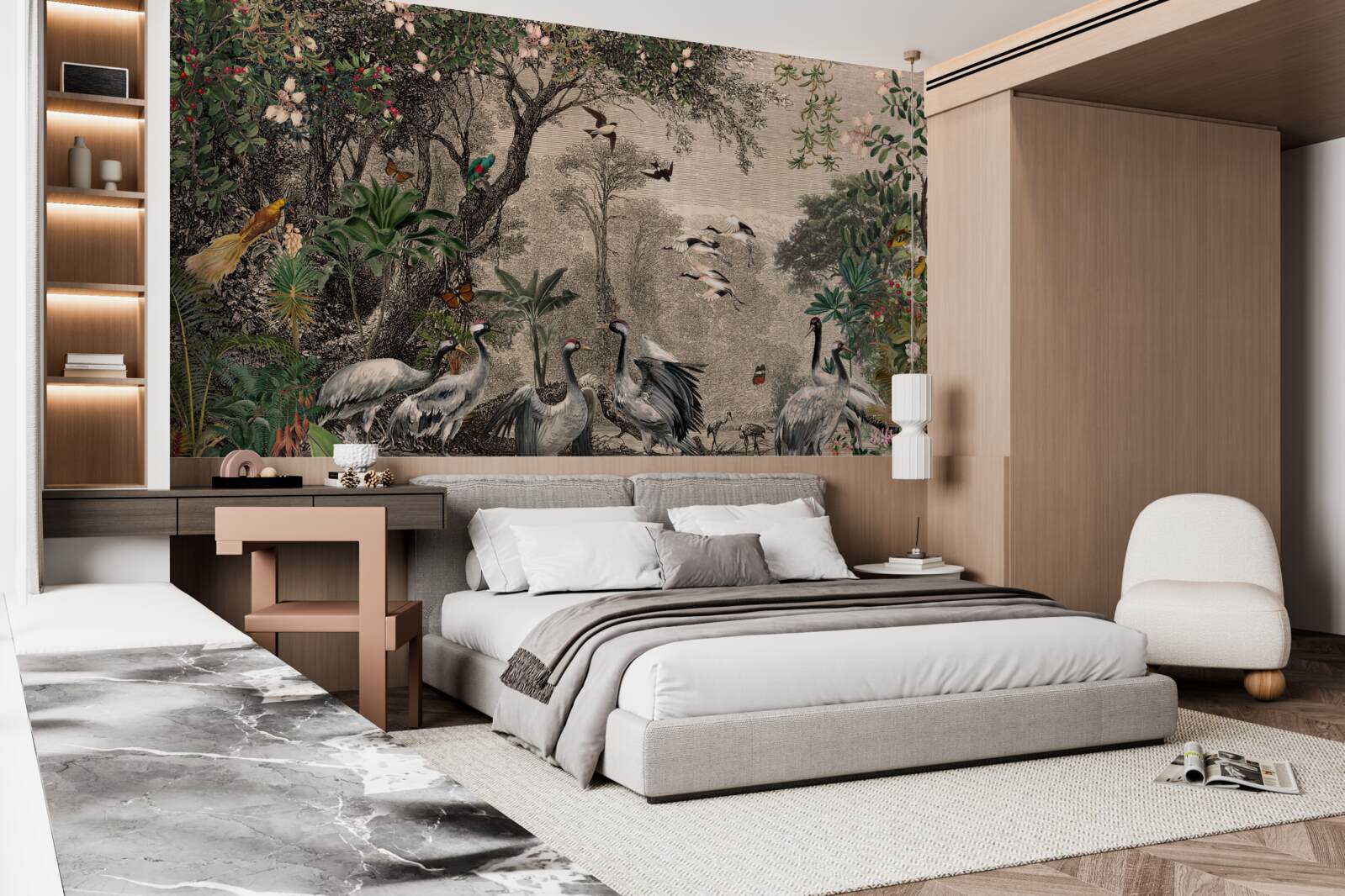 Fototapet grup de cocori lângă un iaz forestier