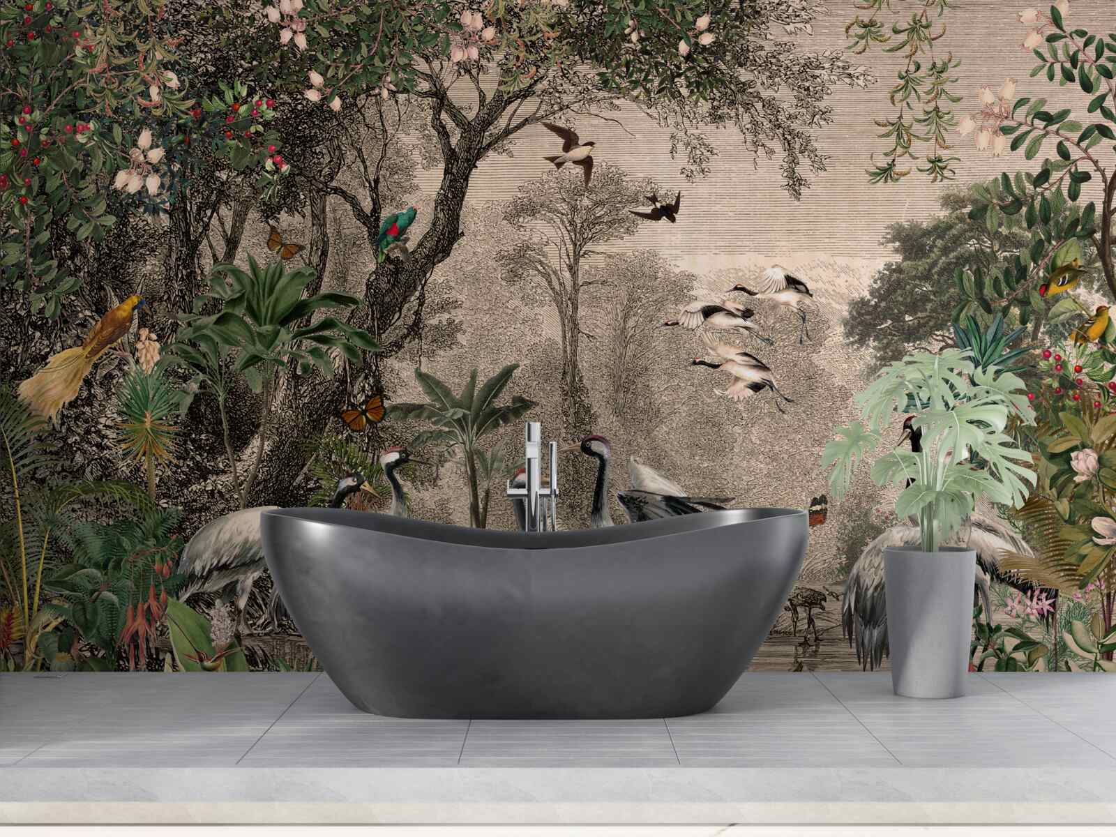 Fototapet grup de cocori lângă un iaz forestier