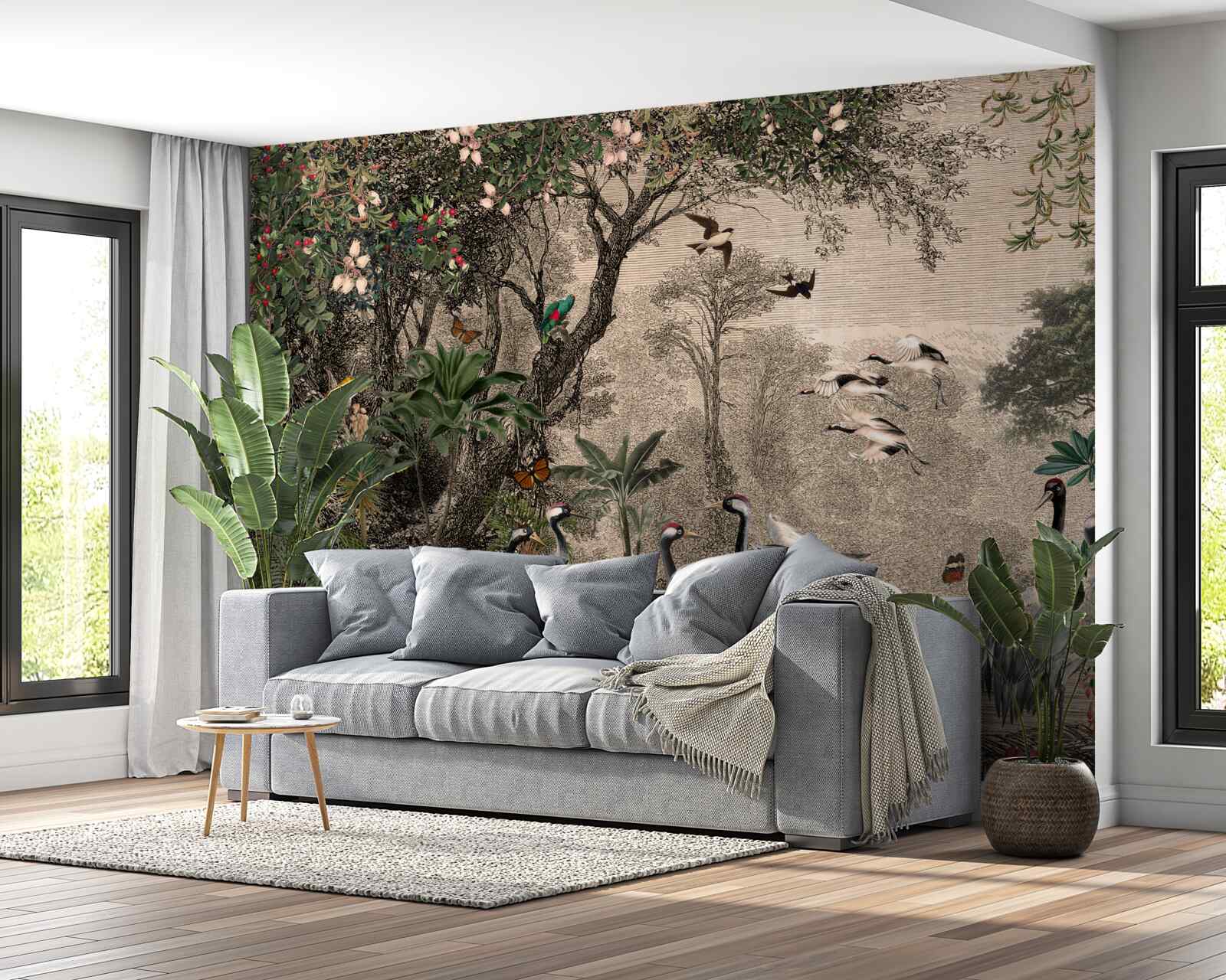 Fototapet grup de cocori lângă un iaz forestier