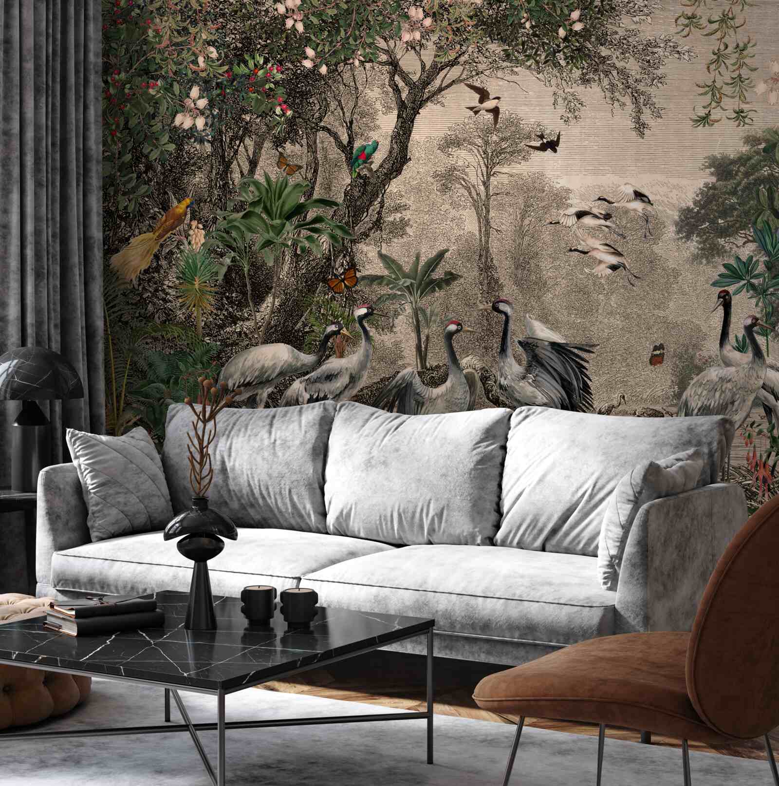 Fototapet grup de cocori lângă un iaz forestier