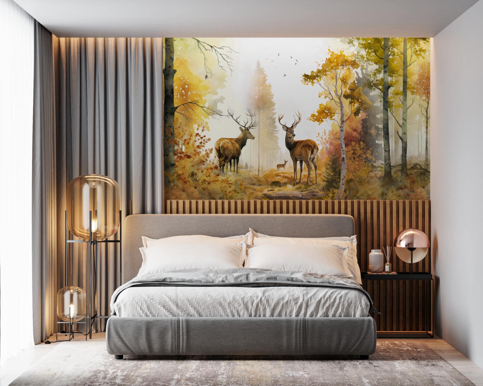 Fototapet pădurea de toamnă devine o zonă de plimbare pentru căprioare