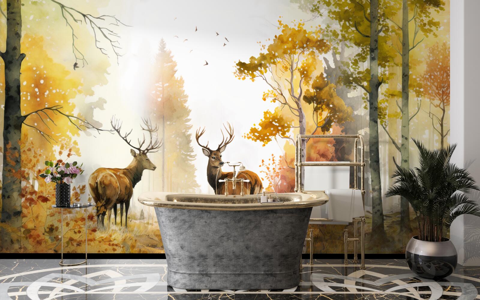 Fototapet pădurea de toamnă devine o zonă de plimbare pentru căprioare