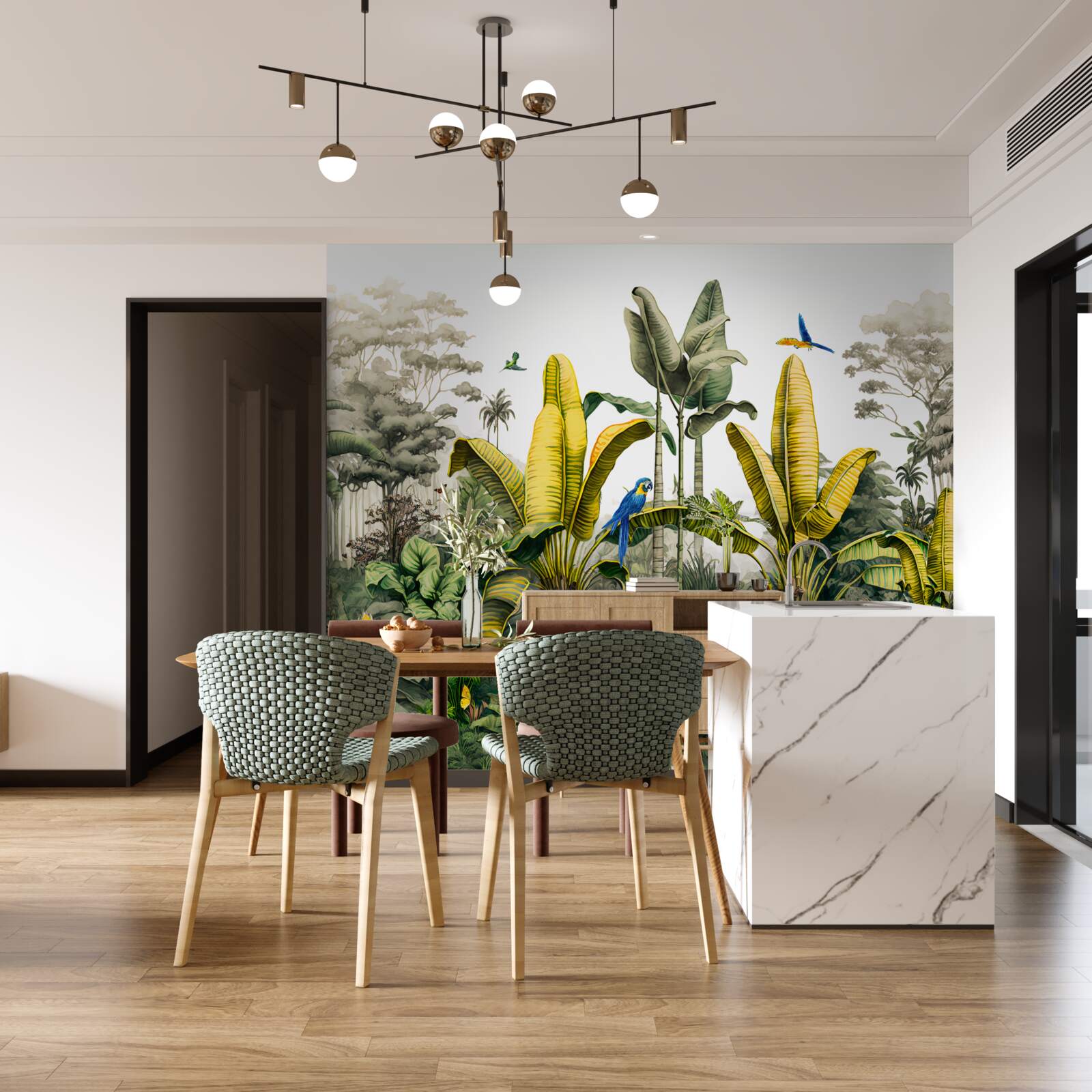 Fototapet frunze aurii de ferigă strălucesc în pădurea verde