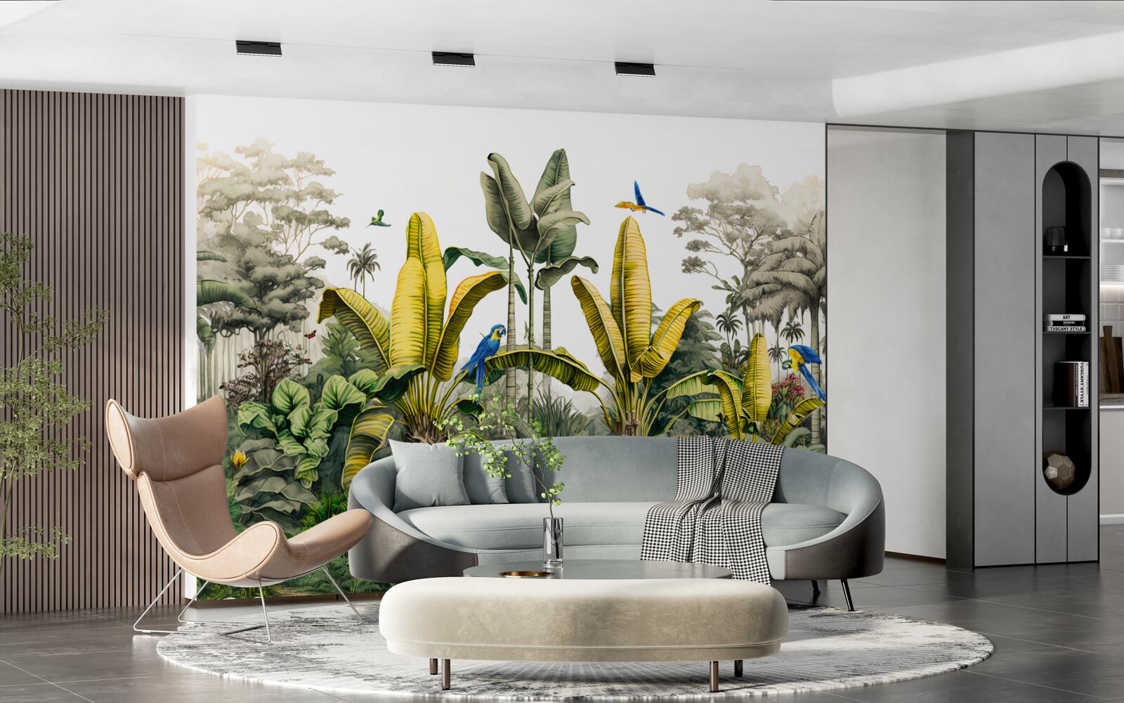 Fototapet frunze aurii de ferigă strălucesc în pădurea verde